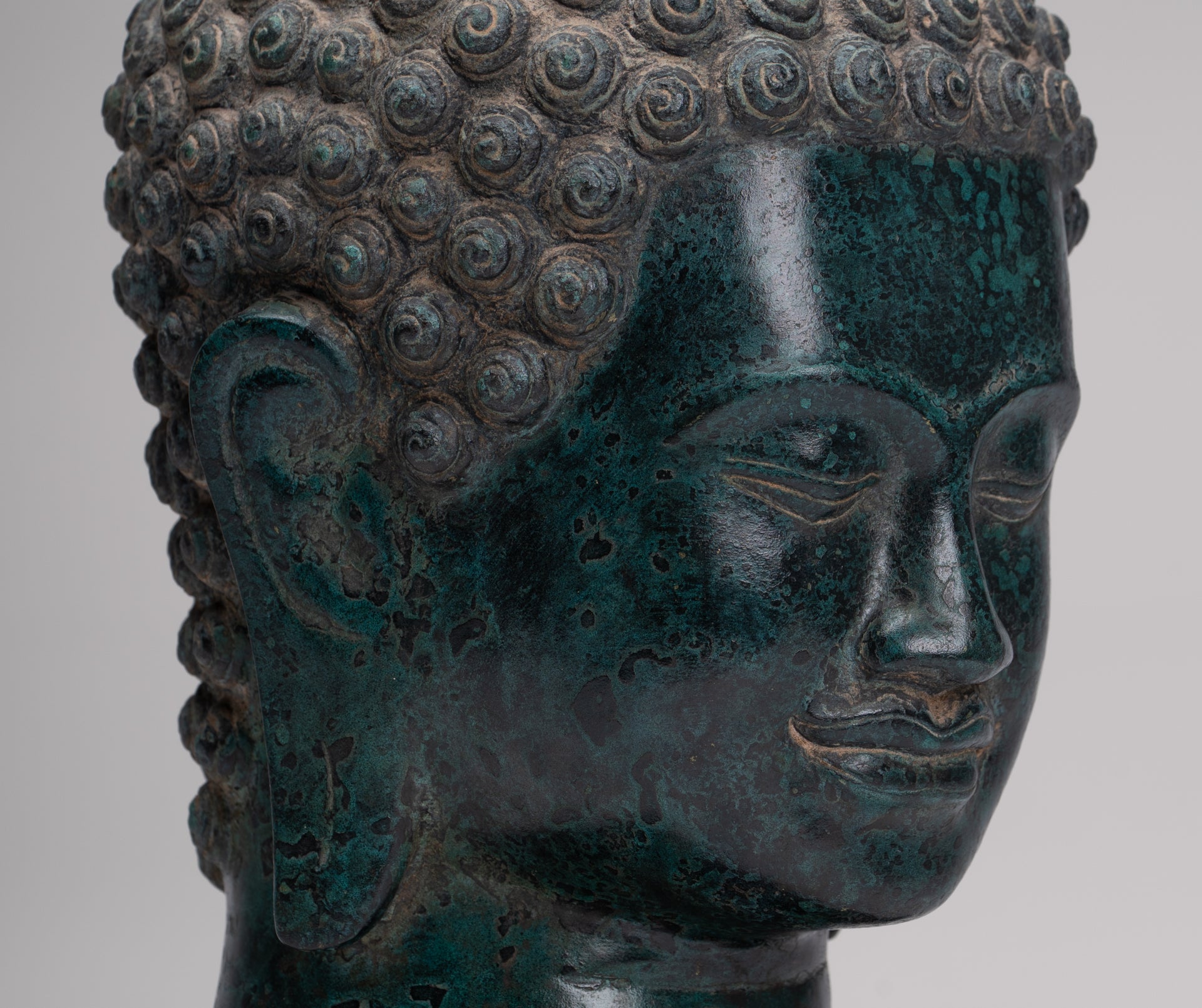 Buddha Statue - Antique Khmer Style Bronze Phnom Da Buddha Head - 30cm/12"