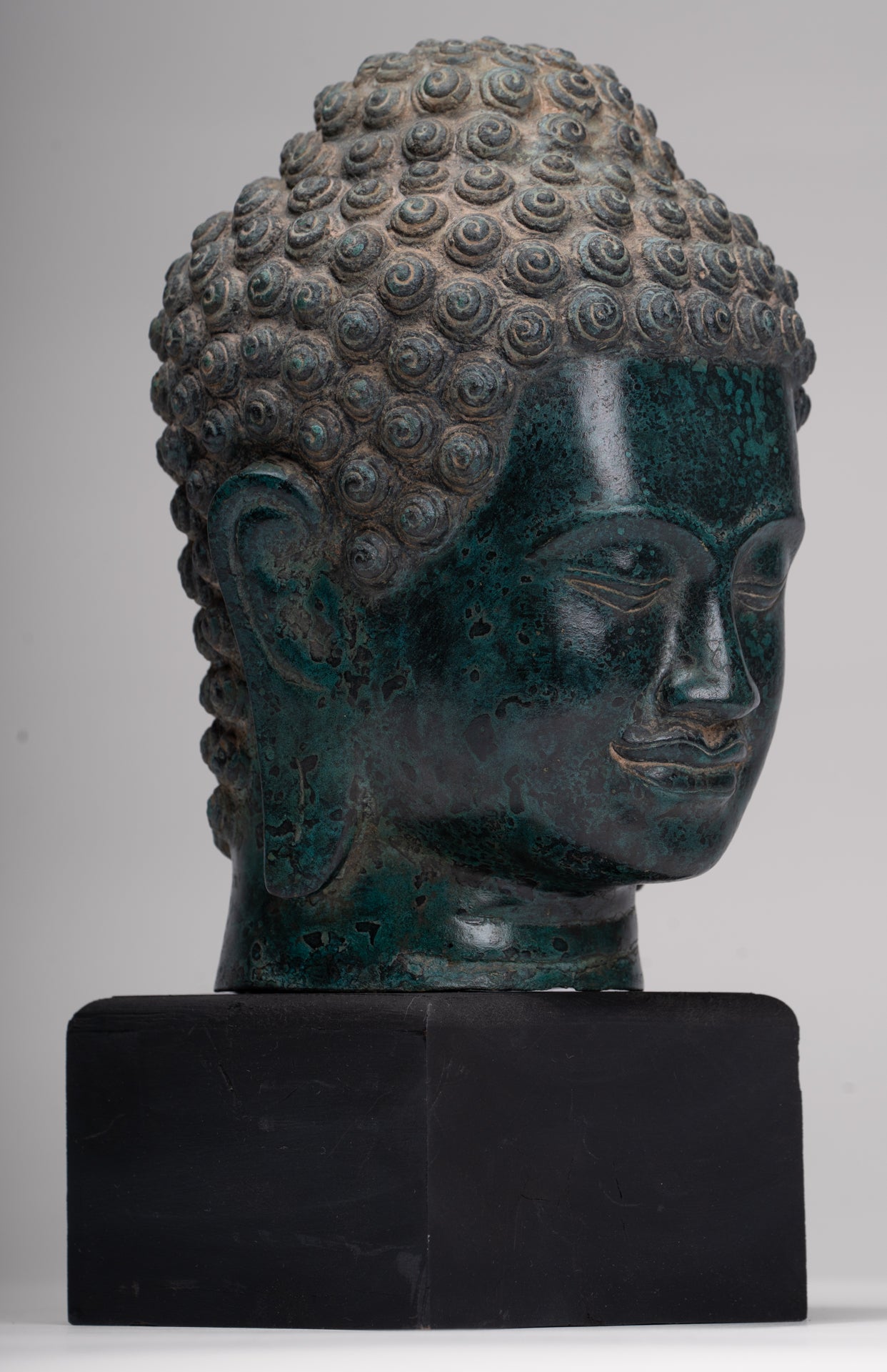 Buddha Statue - Antique Khmer Style Bronze Phnom Da Buddha Head - 30cm/12"