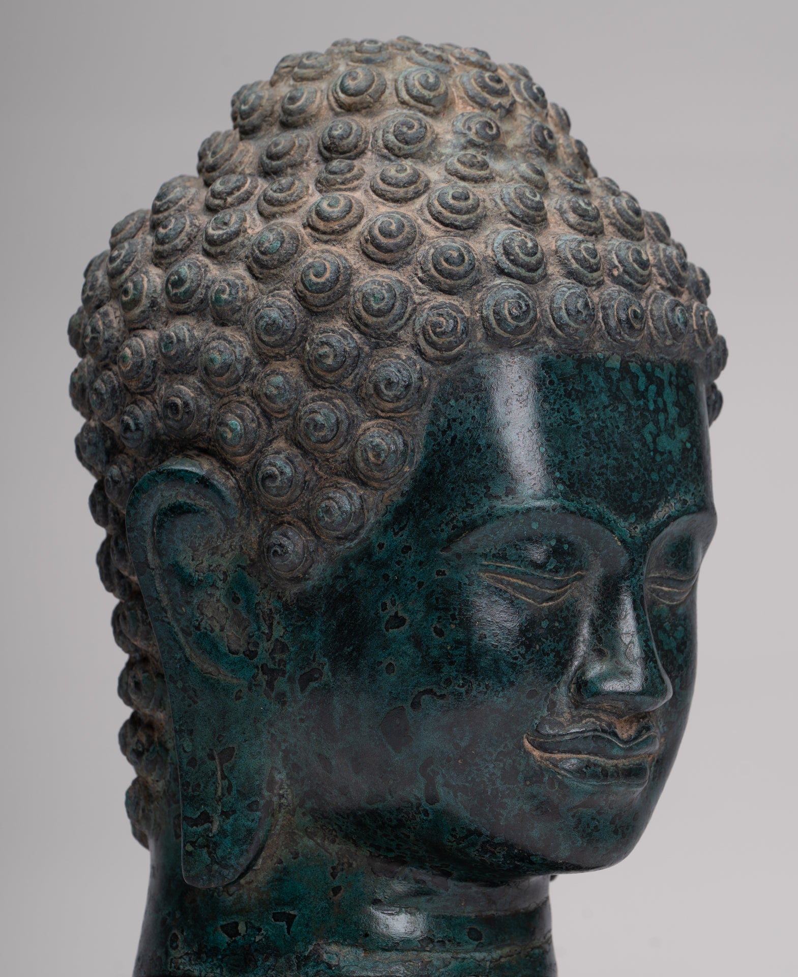 Buddha Statue - Antique Khmer Style Bronze Phnom Da Buddha Head - 30cm/12"