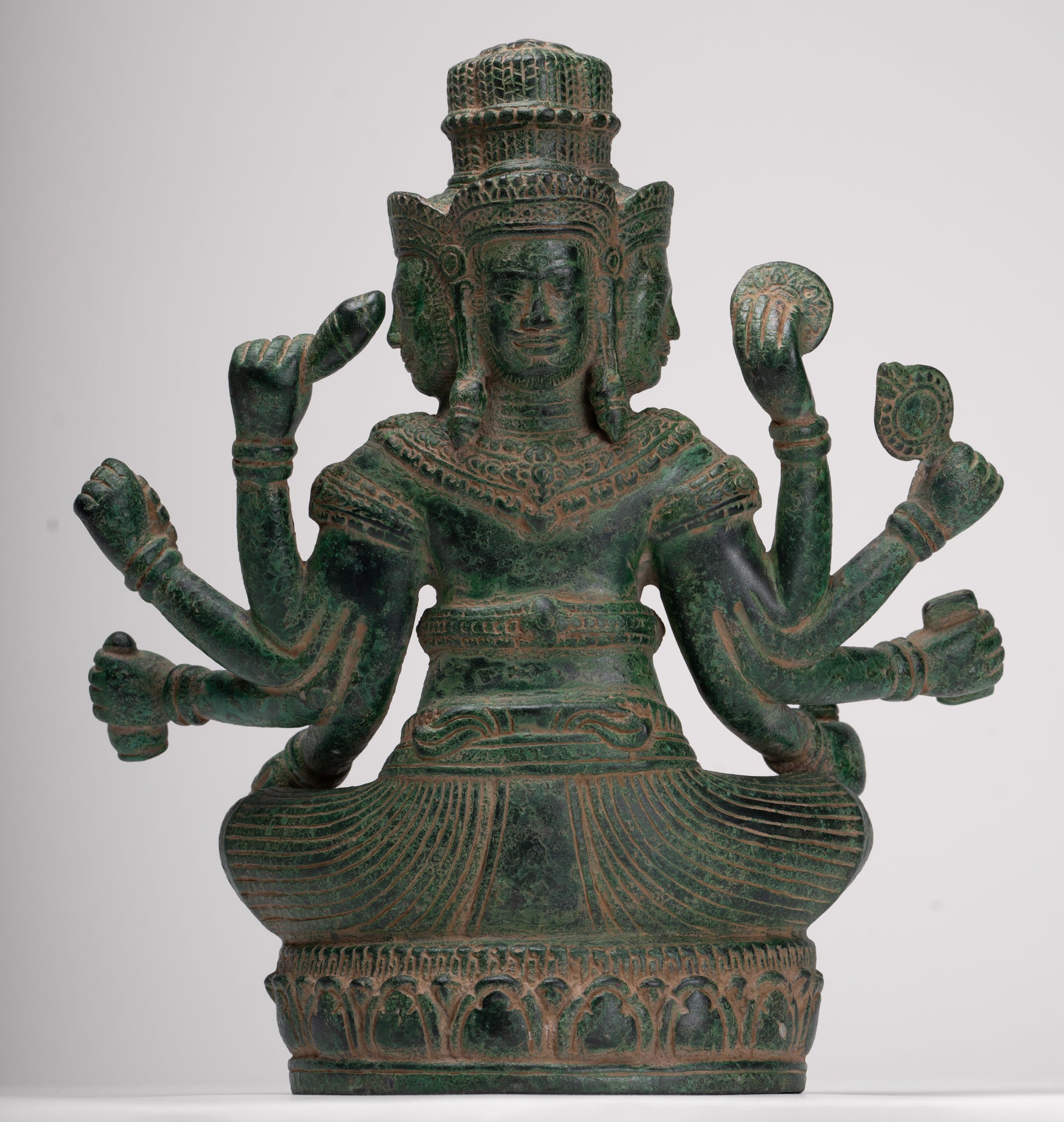 Brahma Statue - Antique Khmer Style Bronze 8 Arm Bayon Brahma - Hindu God Creation - 31cm/12"