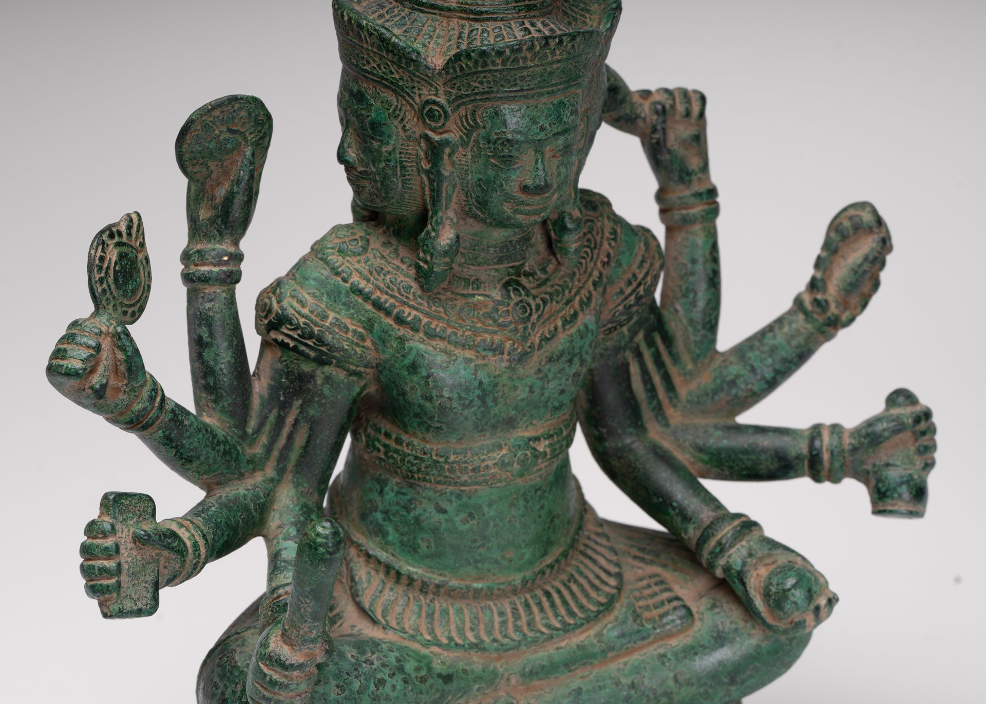 Brahma Statue - Antique Khmer Style Bronze 8 Arm Bayon Brahma - Hindu God Creation - 31cm/12"