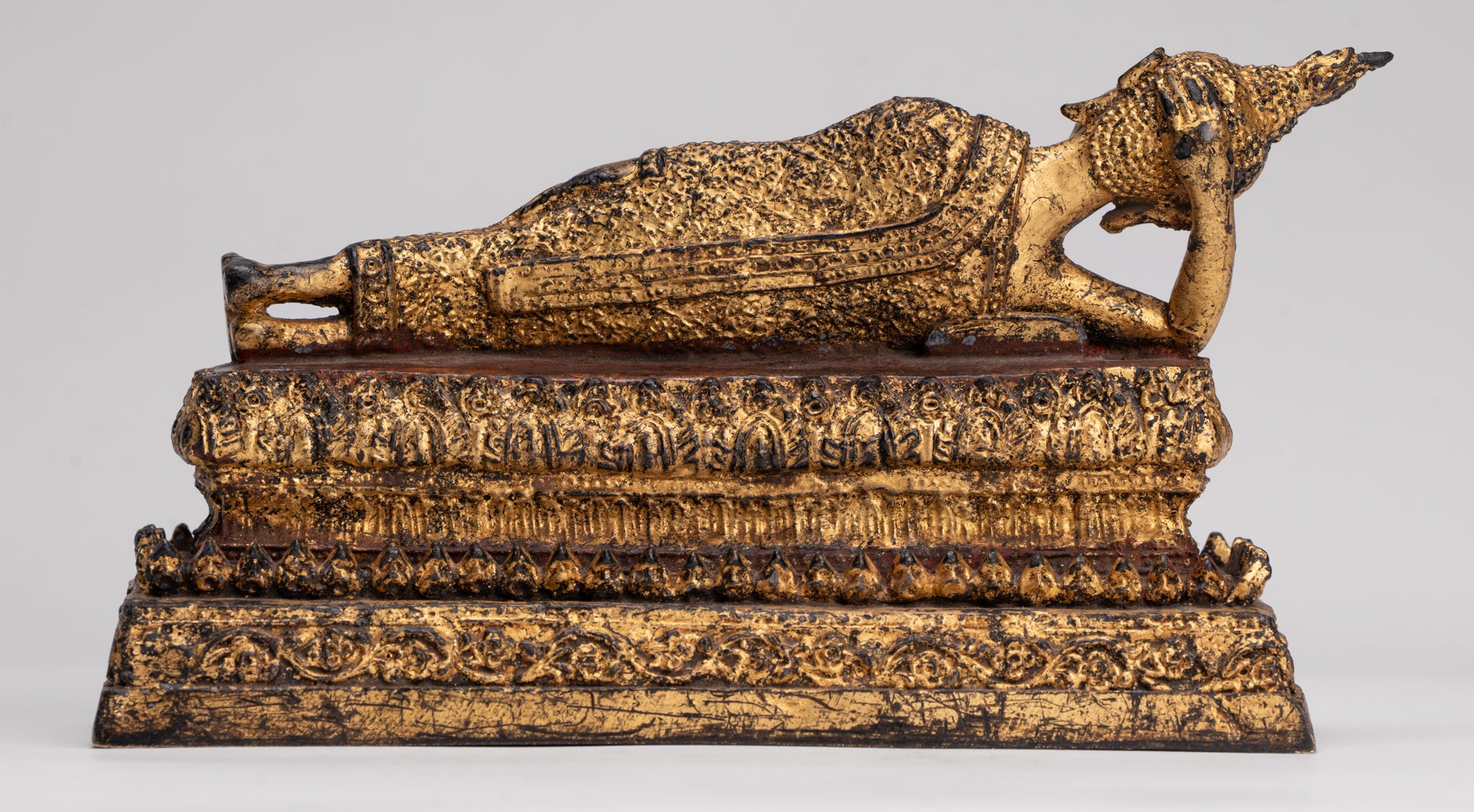 Antique Thai Style Bronze Rattanakosin Reclining Nirvana Buddha Statue - 18.5cm/7"