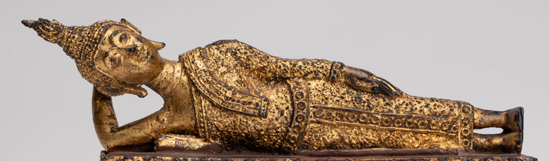 Antique Thai Style Bronze Rattanakosin Reclining Nirvana Buddha Statue - 18.5cm/7"