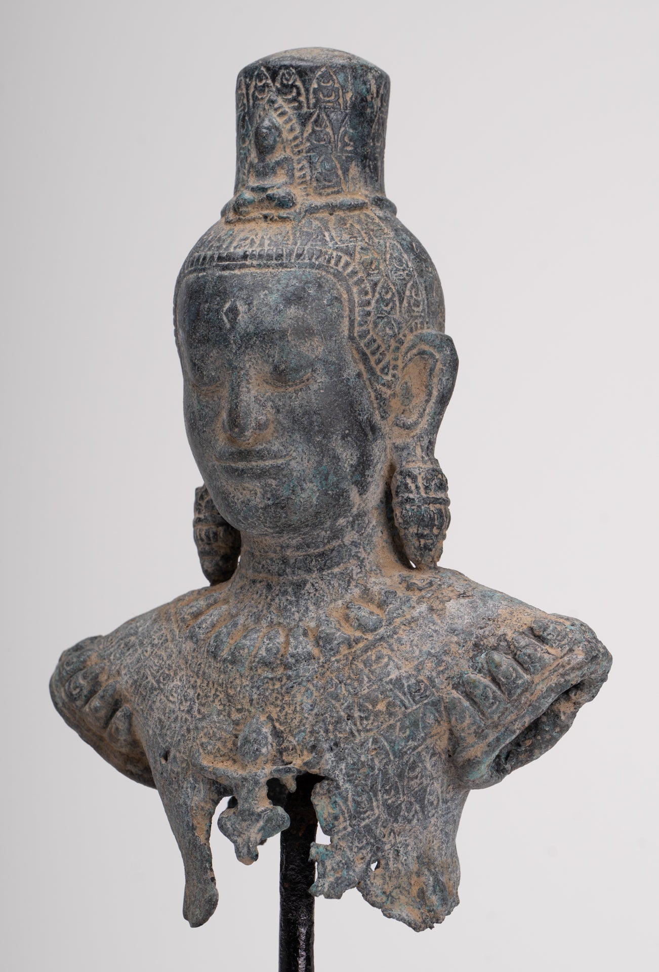 Antique Khmer Style Standing Bronze Bayon Style Lokeshvara Statue - 27cm/11"