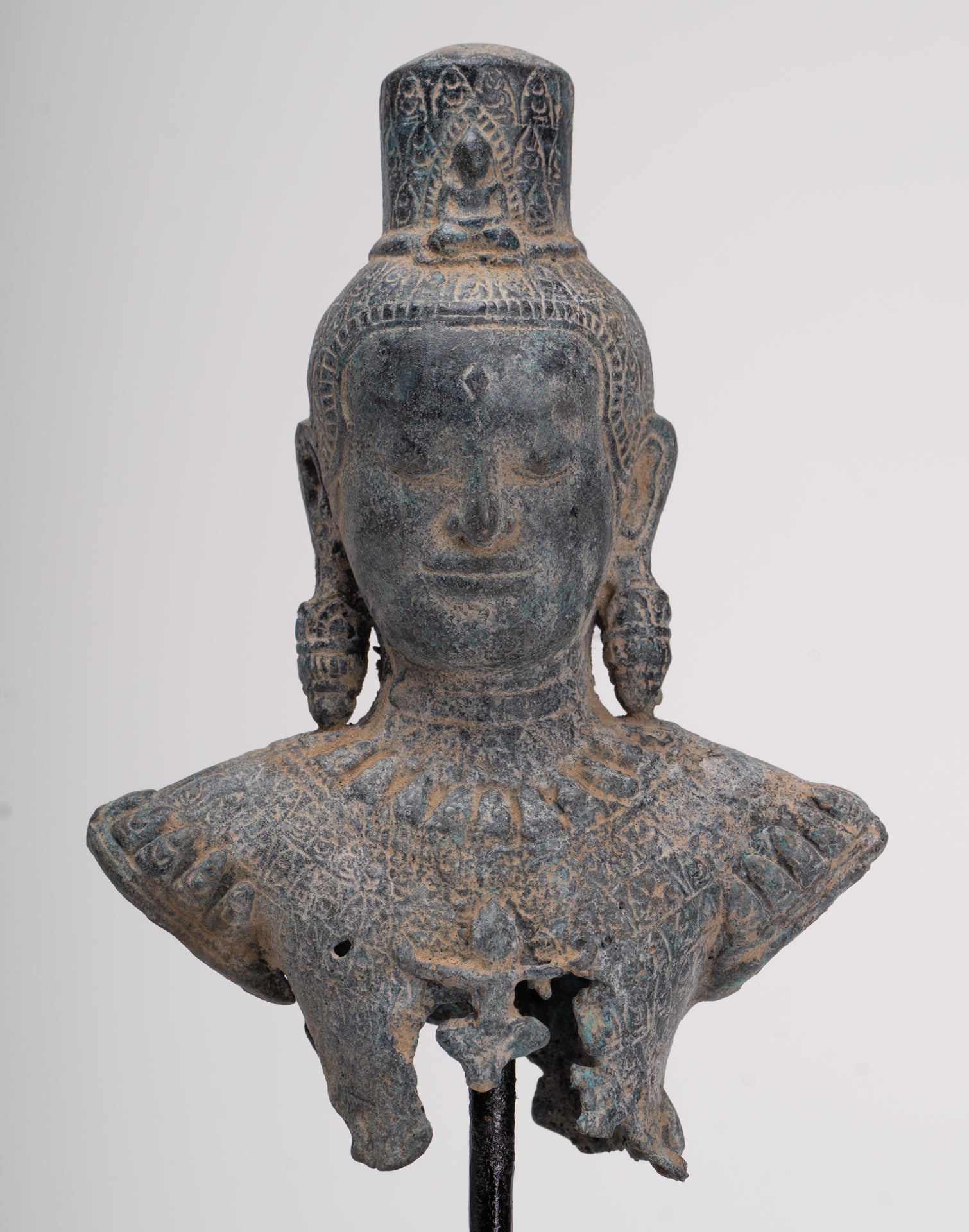 Antique Khmer Style Standing Bronze Bayon Style Lokeshvara Statue - 27cm/11"