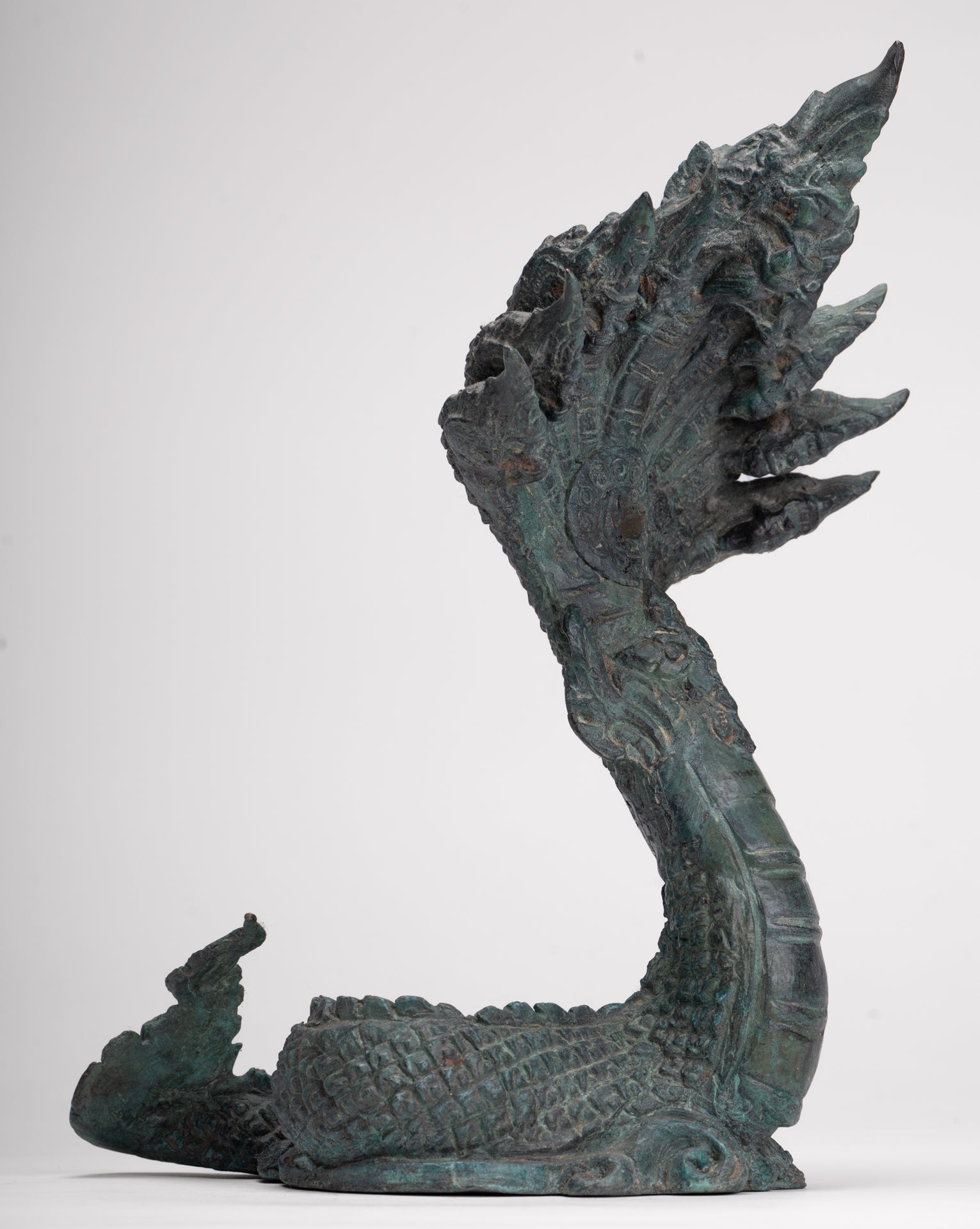 Antique Thai Style Bronze Nine Head Protective Naga, Snake or Serpent Statue - 28cm/11"