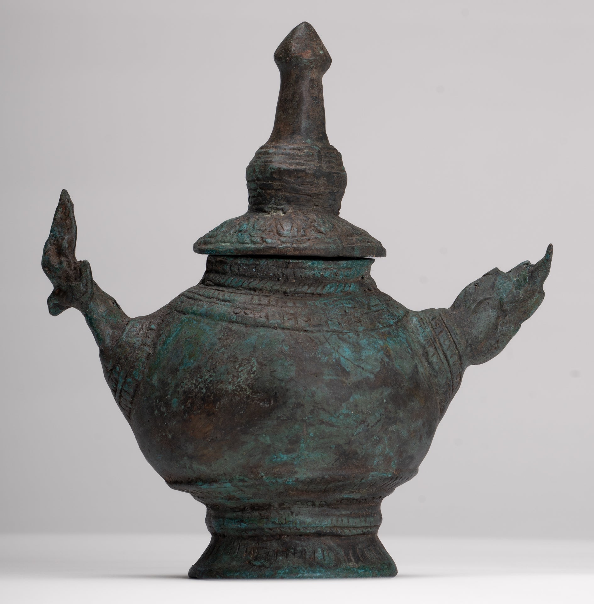 Naga Vessel - Antique Thai Style Bronze Naga Holy Water Vessel - 20.5cm/8"