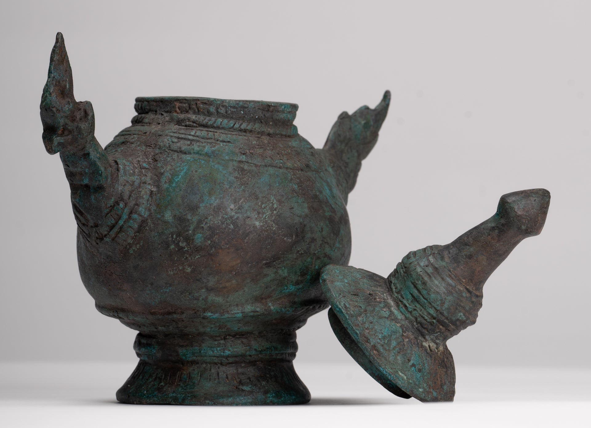 Naga Vessel - Antique Thai Style Bronze Naga Holy Water Vessel - 20.5cm/8"