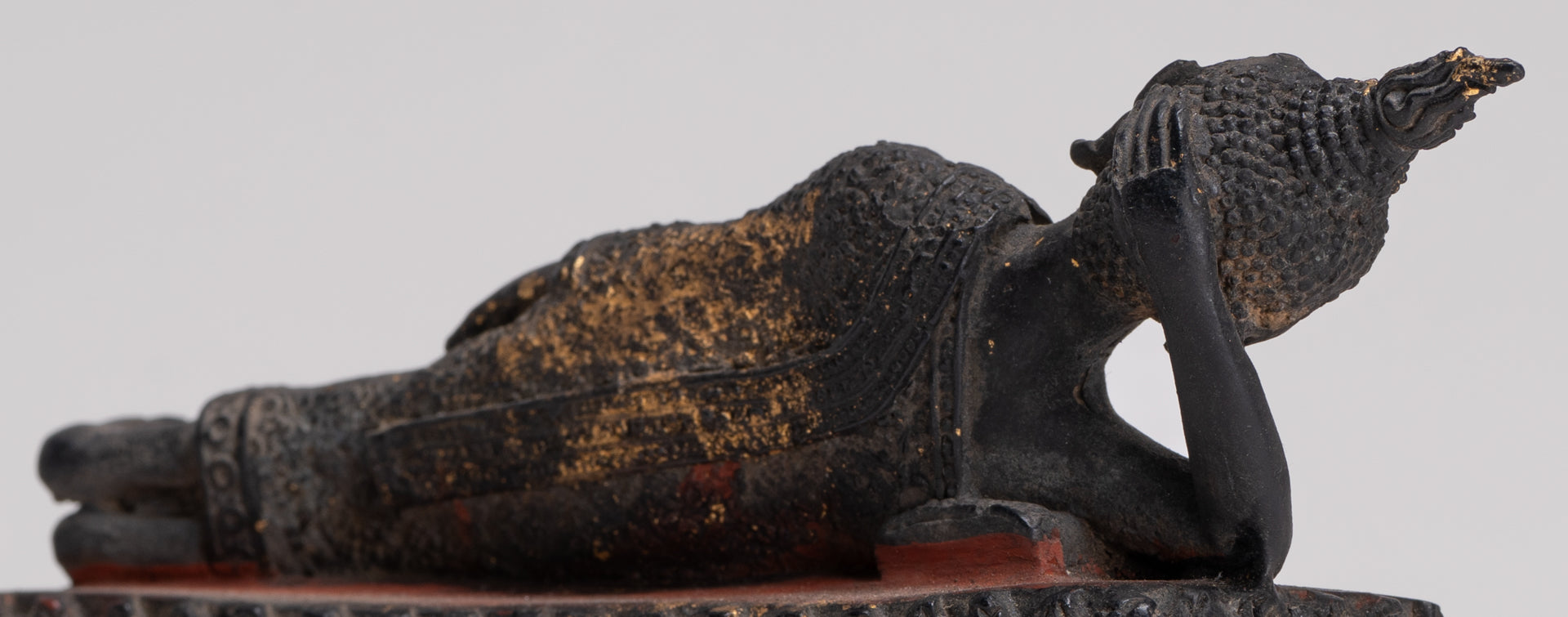 Buddha Statue - Antique Thai Style Bronze Rattanakosin Reclining Nirvana Buddha Statue - 19cm/8"