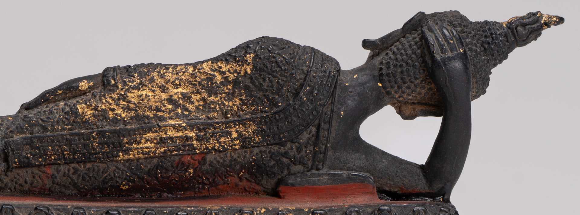 Buddha Statue - Antique Thai Style Bronze Rattanakosin Reclining Nirvana Buddha Statue - 19cm/8"