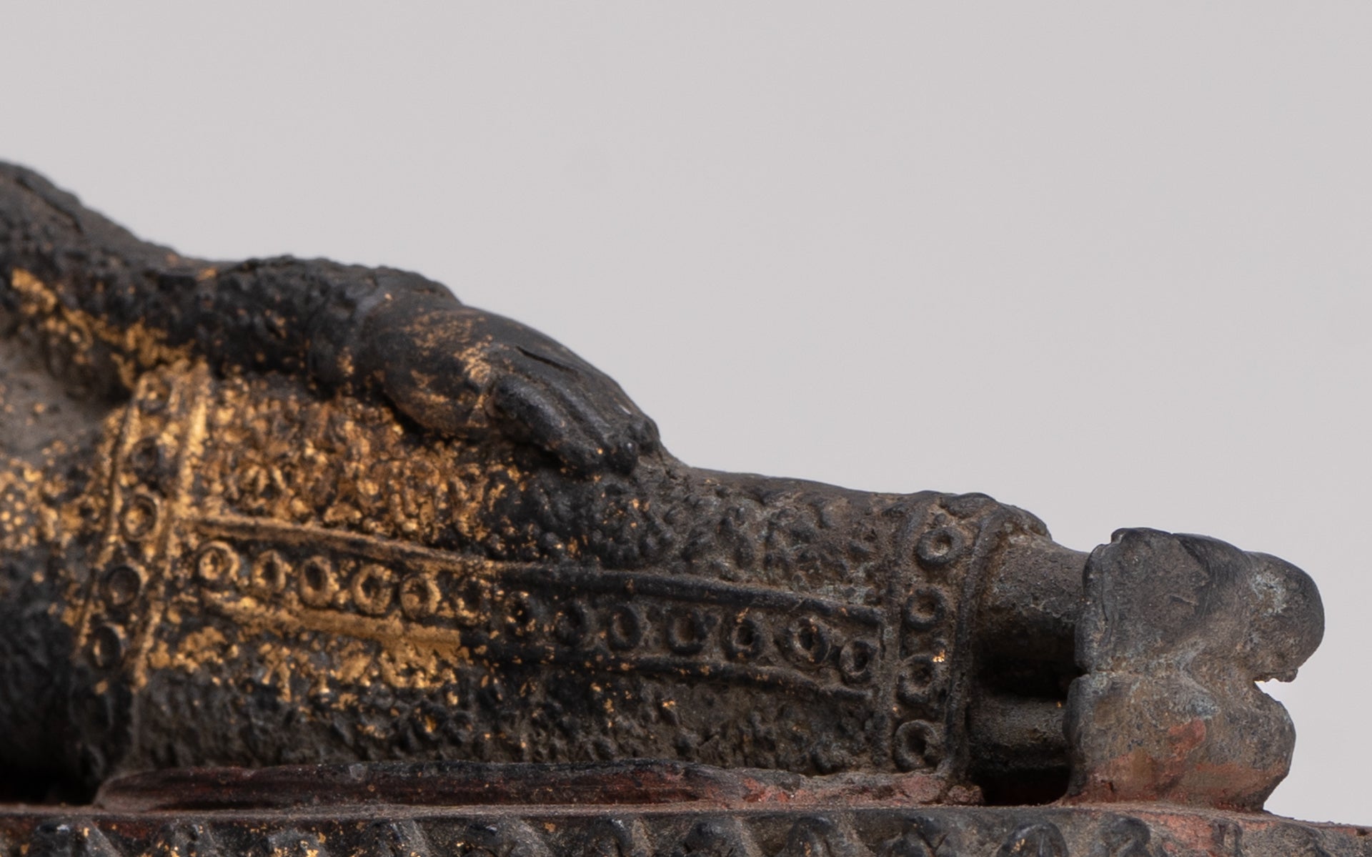 Buddha Statue - Antique Thai Style Bronze Rattanakosin Reclining Nirvana Buddha Statue - 19cm/8"