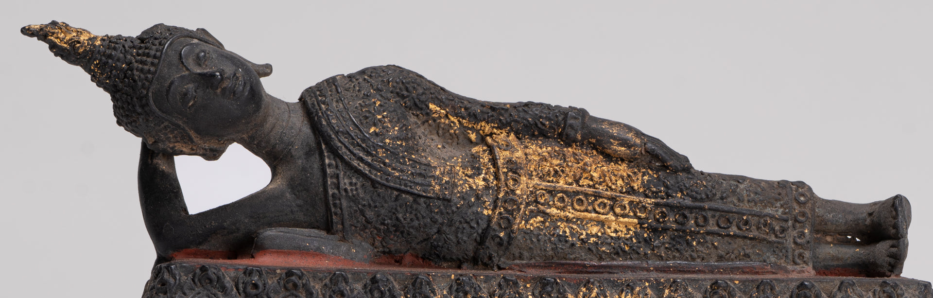 Buddha Statue - Antique Thai Style Bronze Rattanakosin Reclining Nirvana Buddha Statue - 19cm/8"