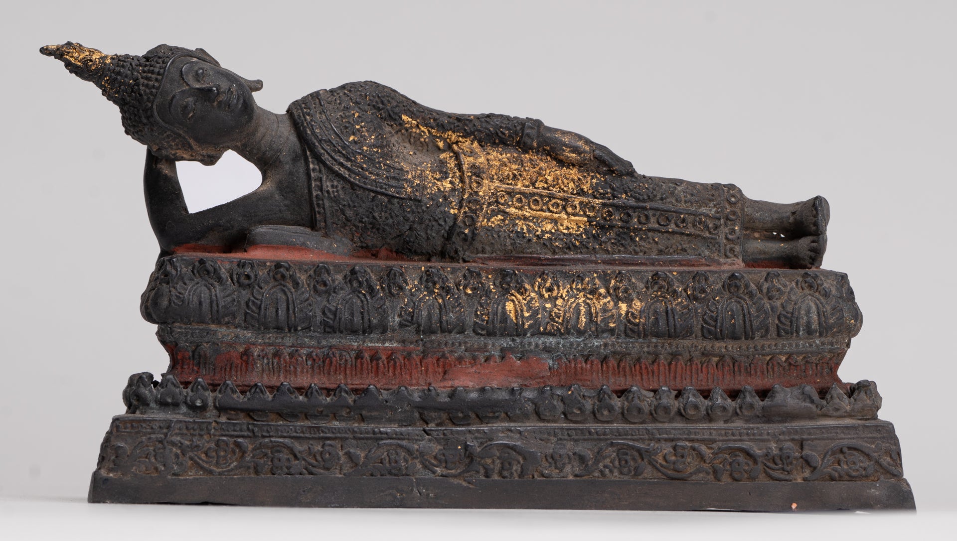 Buddha Statue - Antique Thai Style Bronze Rattanakosin Reclining Nirvana Buddha Statue - 19cm/8"