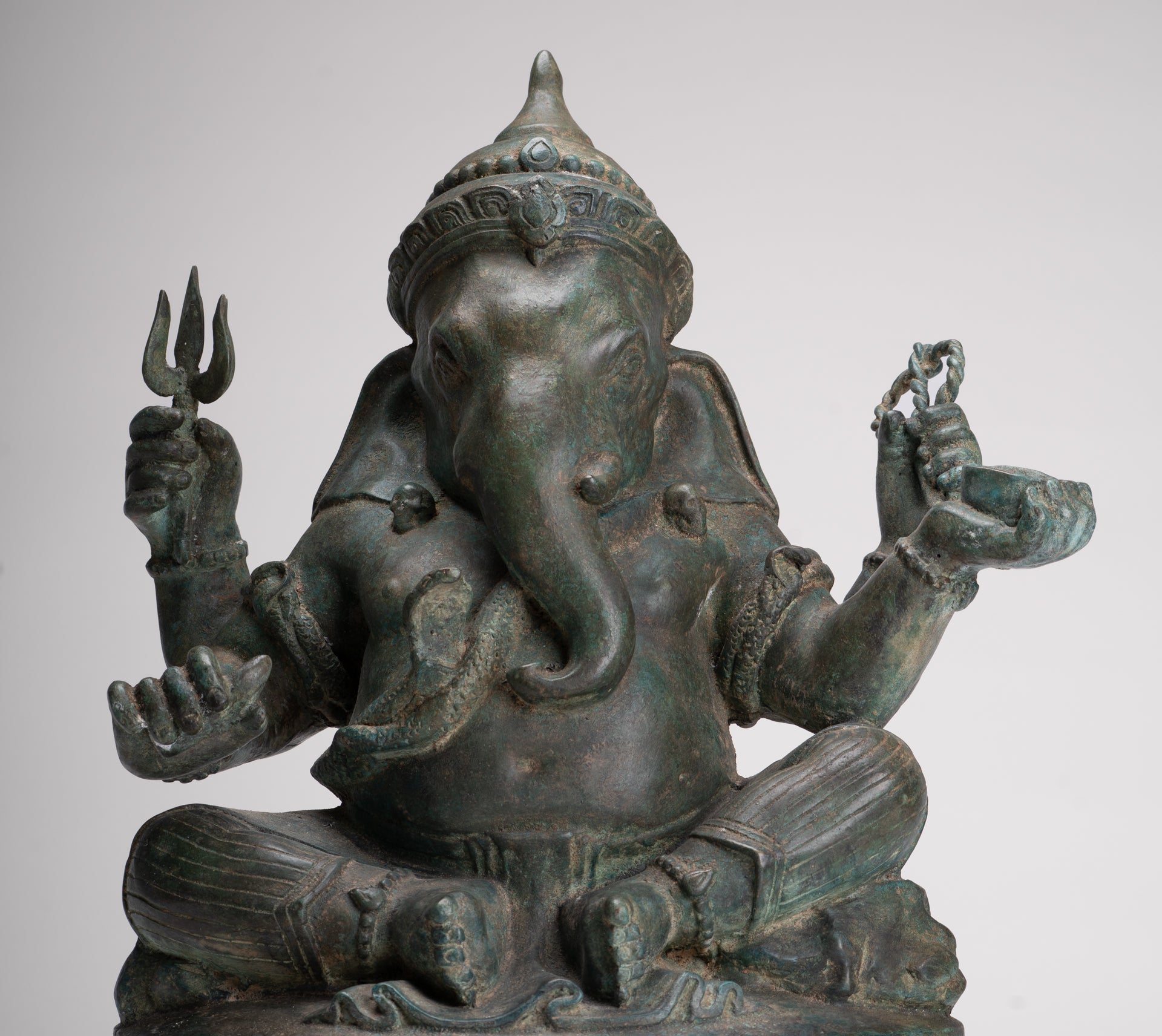 Ganesha Statue - Antique Thai Style Bronze Seated 4-Arm Ganesha Statue - 45cm/18"
