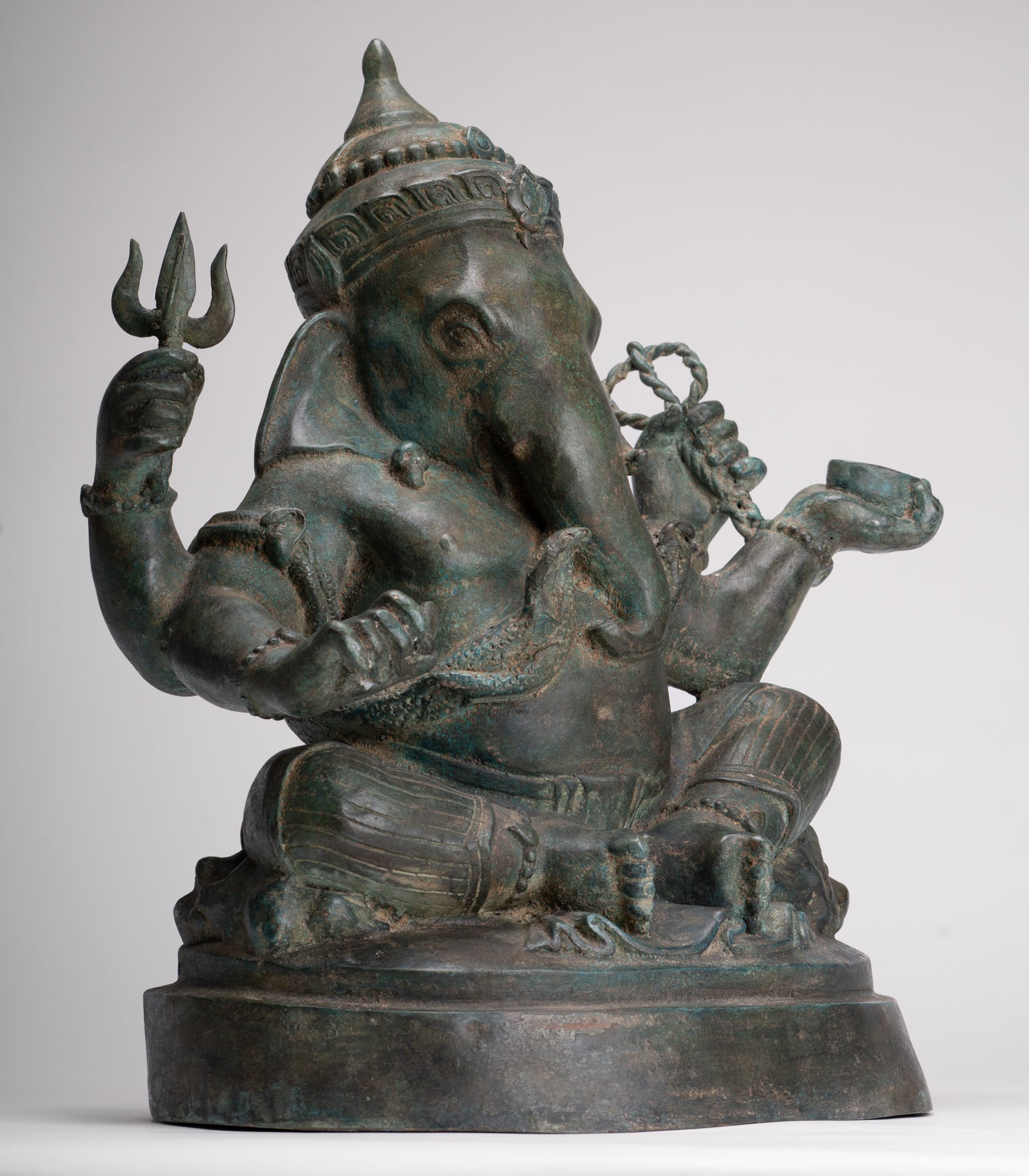 Ganesha Statue - Antique Thai Style Bronze Seated 4-Arm Ganesha Statue - 45cm/18"
