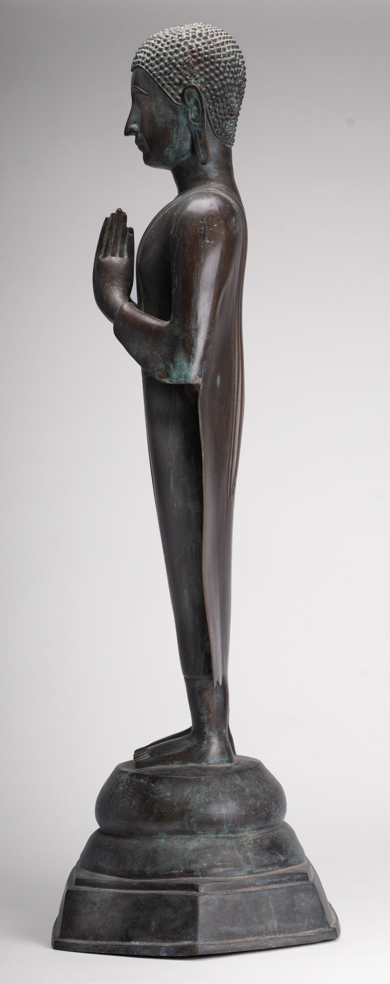 Antique Thai Style Standing Wood Adoration Standing Monk Statue - 100cm/40"