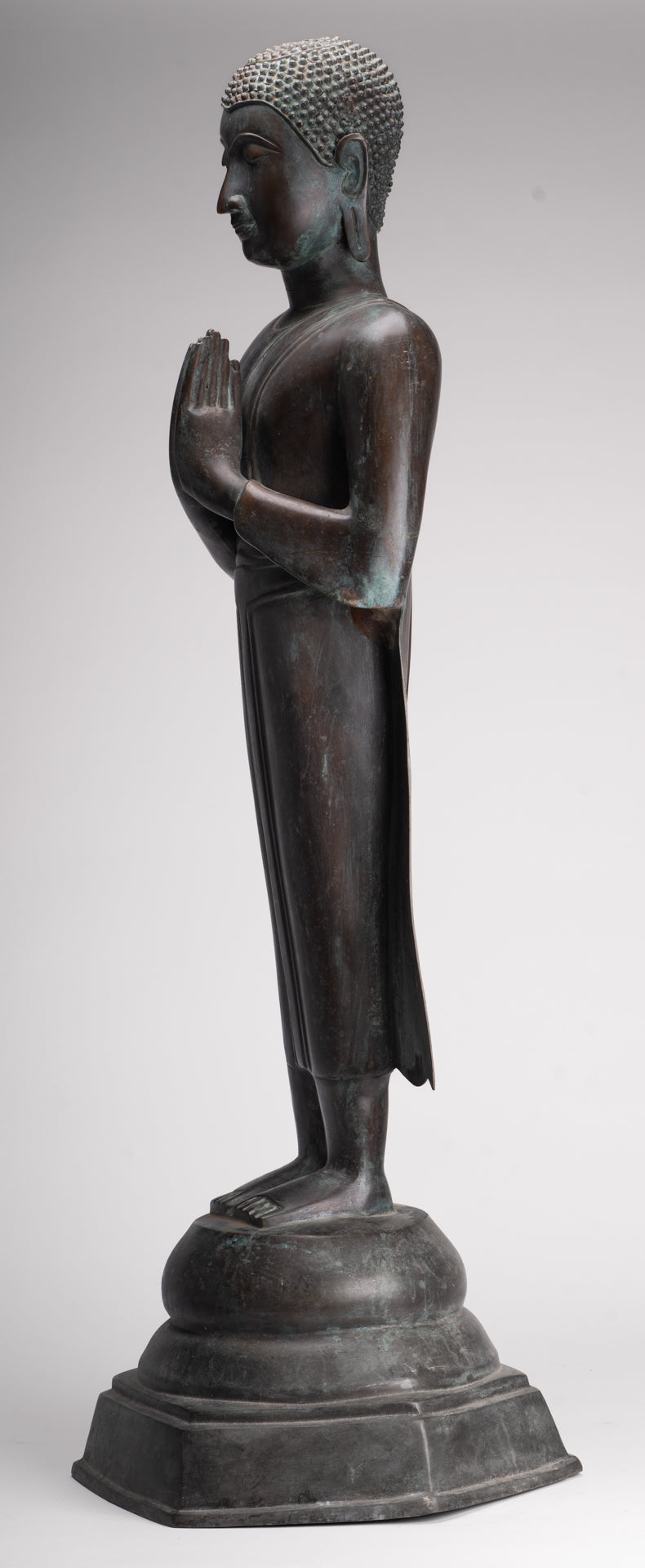 Antique Thai Style Standing Wood Adoration Standing Monk Statue - 100cm/40"