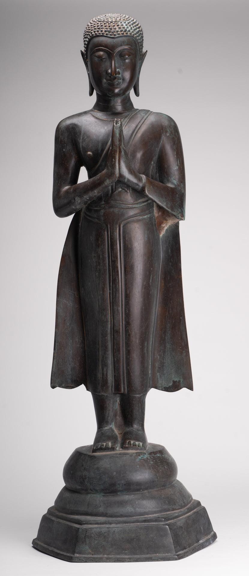 Antique Thai Style Standing Wood Adoration Standing Monk Statue - 100cm/40"