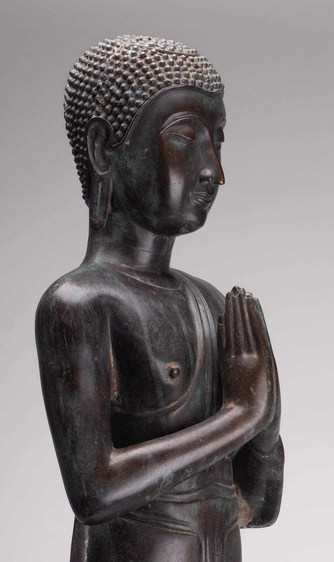 Antique Thai Style Standing Wood Adoration Standing Monk Statue - 100cm/40"