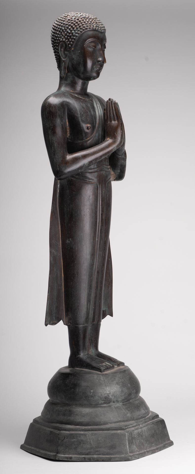 Antique Thai Style Standing Wood Adoration Standing Monk Statue - 100cm/40"