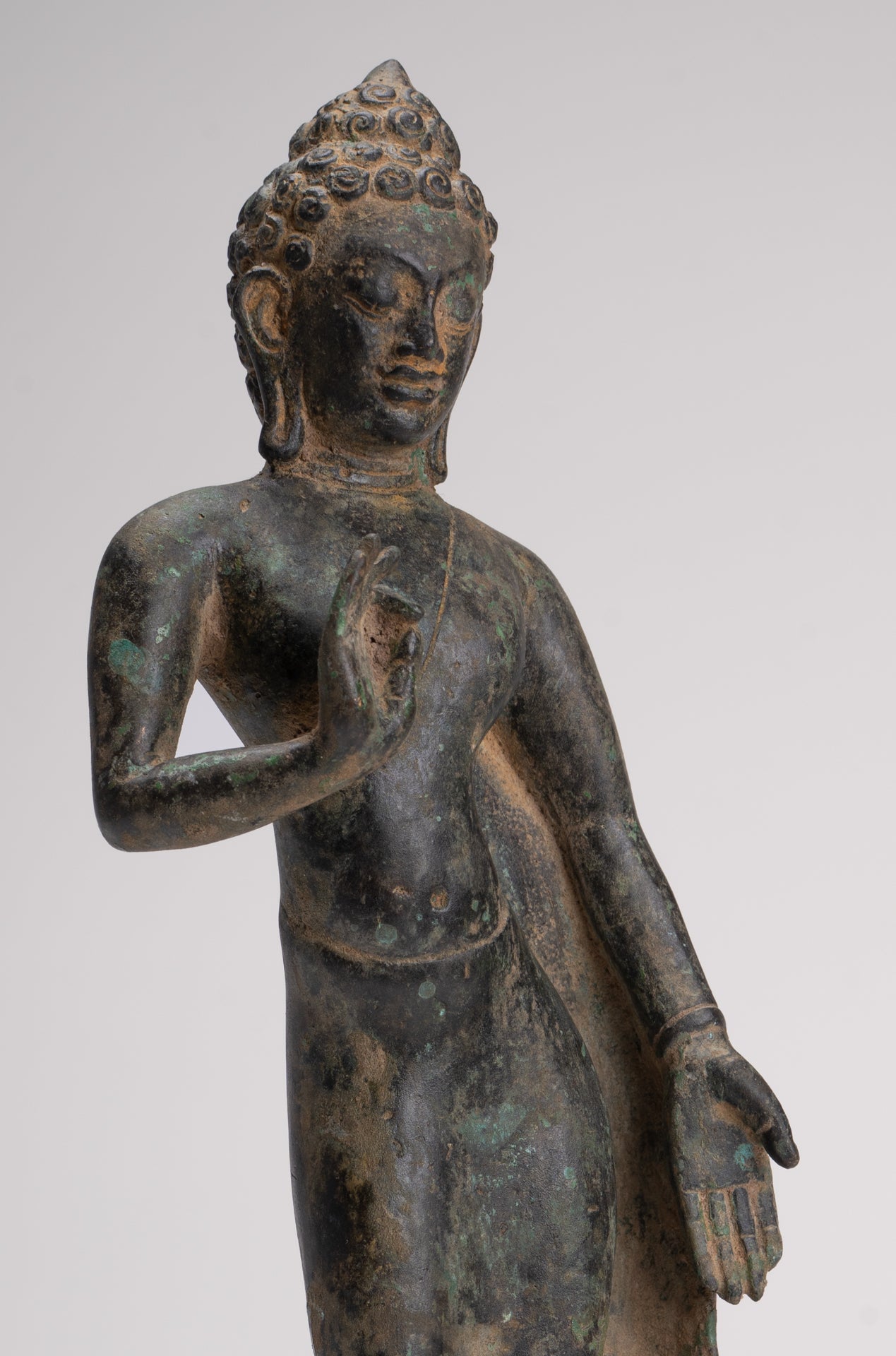 Buddha Statue - Antique Thai Style Standing Bronze Mon Dvaravati Teaching Buddha Statue - 32cm/13"