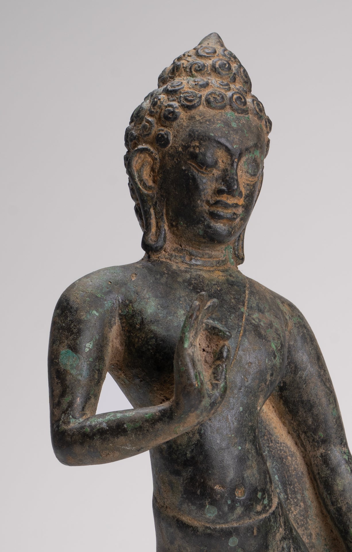 Buddha Statue - Antique Thai Style Standing Bronze Mon Dvaravati Teaching Buddha Statue - 32cm/13"