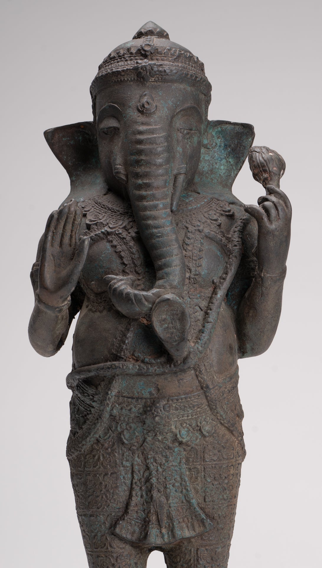 Ganesha Statue - Antique Thai Style Bronze Standing 2-Arm Ganesha Statue - 38cm/15"