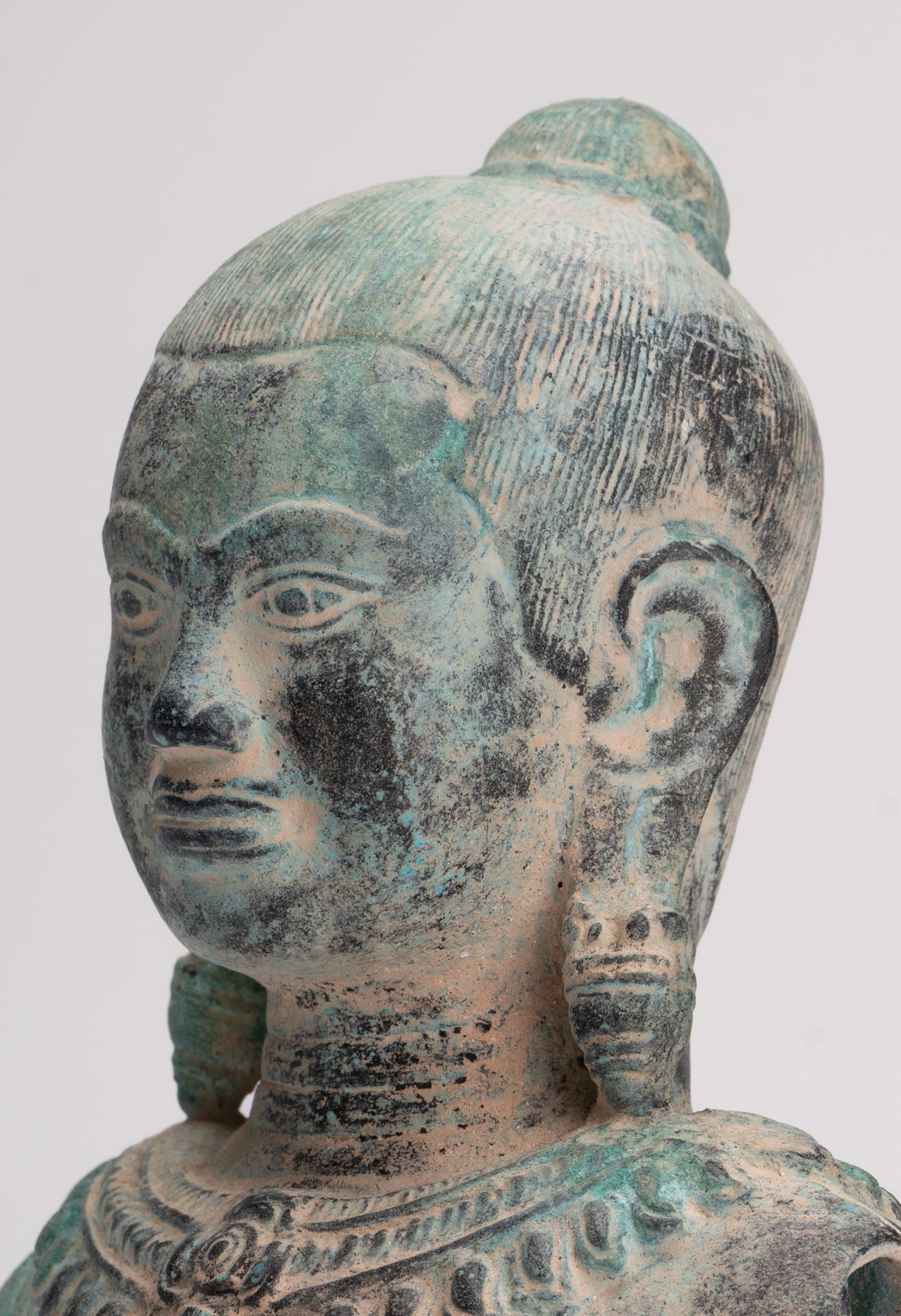 Antique Khmer Style Seated Bronze Meditation Jayavarman VII Statue - 19.5cm/8"