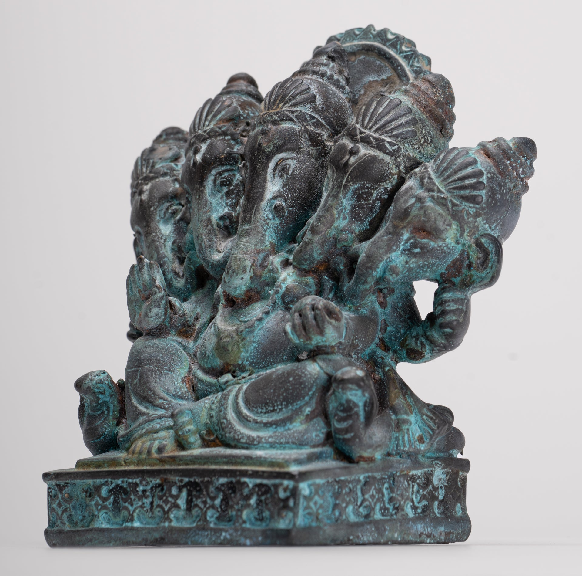 Ganesh - Antique Thai Style Bronze Seated Gold Heramba Ganapati Statue  - 12.5cm/5"