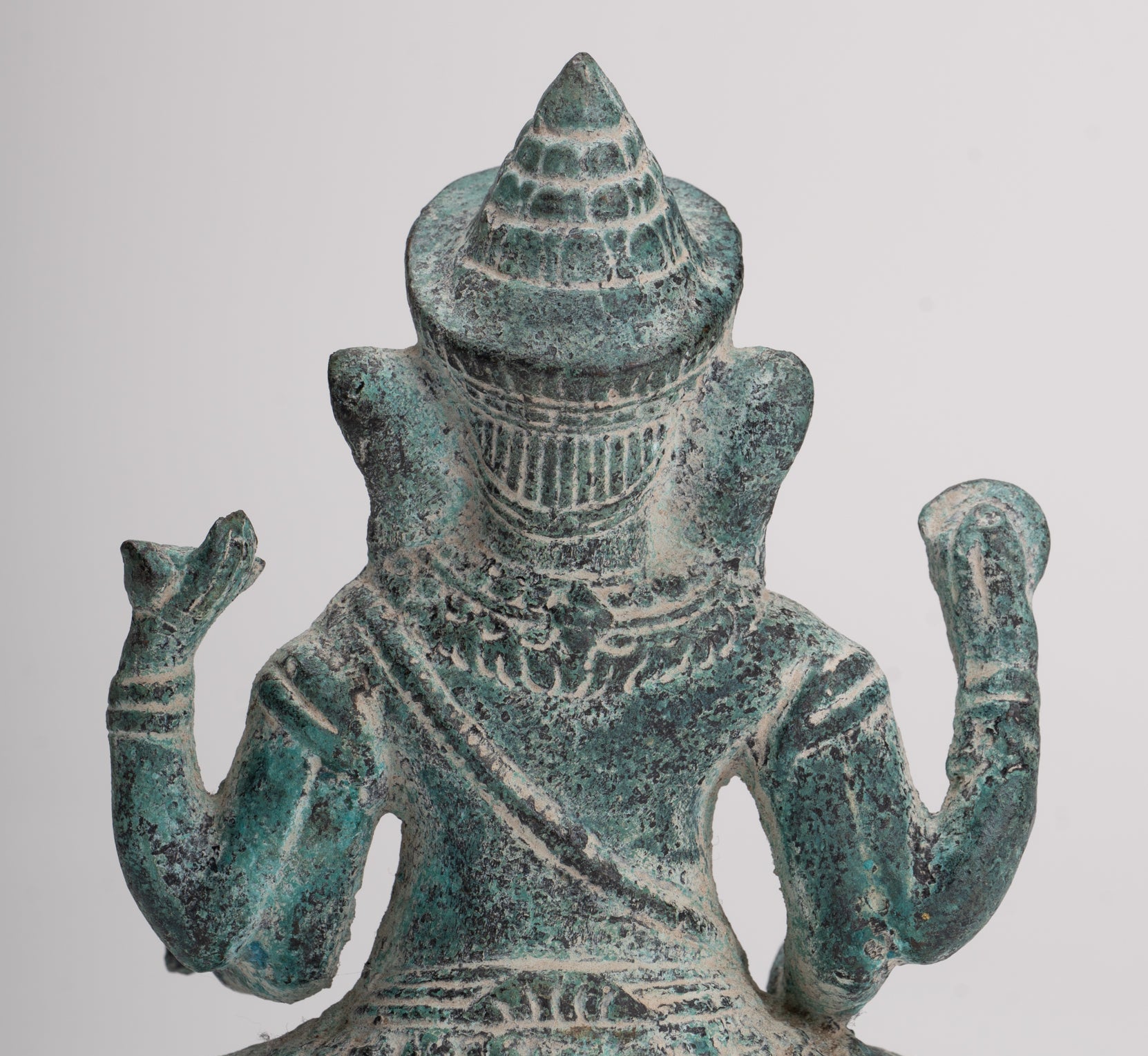 Ganesha Statue - Antique Khmer Style Angkor Wat Bronze Seated Four Arm Ganesh Statue - 14.5cm/6"