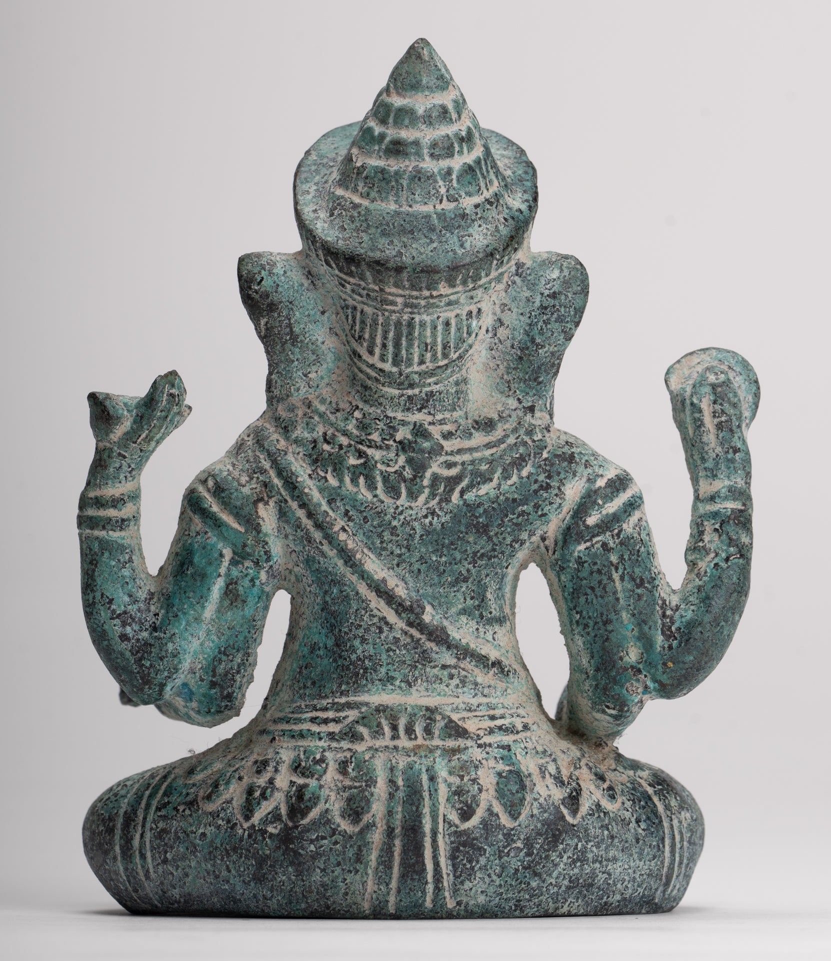 Ganesha Statue - Antique Khmer Style Angkor Wat Bronze Seated Four Arm Ganesh Statue - 14.5cm/6"
