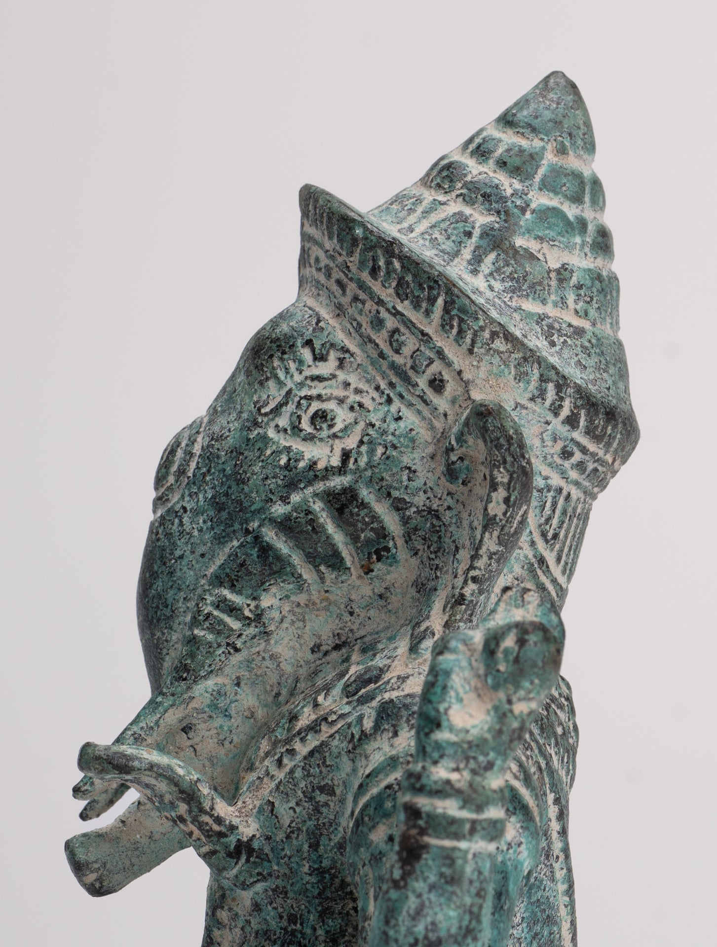 Ganesha Statue - Antique Khmer Style Angkor Wat Bronze Seated Four Arm Ganesh Statue - 14.5cm/6"