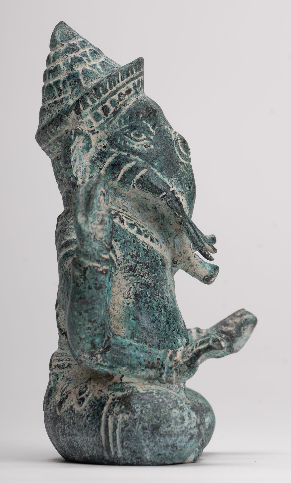 Ganesha Statue - Antique Khmer Style Angkor Wat Bronze Seated Four Arm Ganesh Statue - 14.5cm/6"