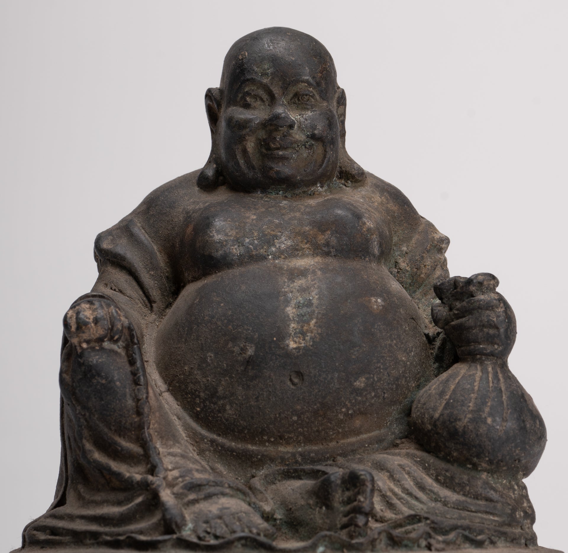 Buddha Statue - Antique Chinese Style Bronze Happy, Fat, Laughing Buddha Budai Statue - 16cm/6"