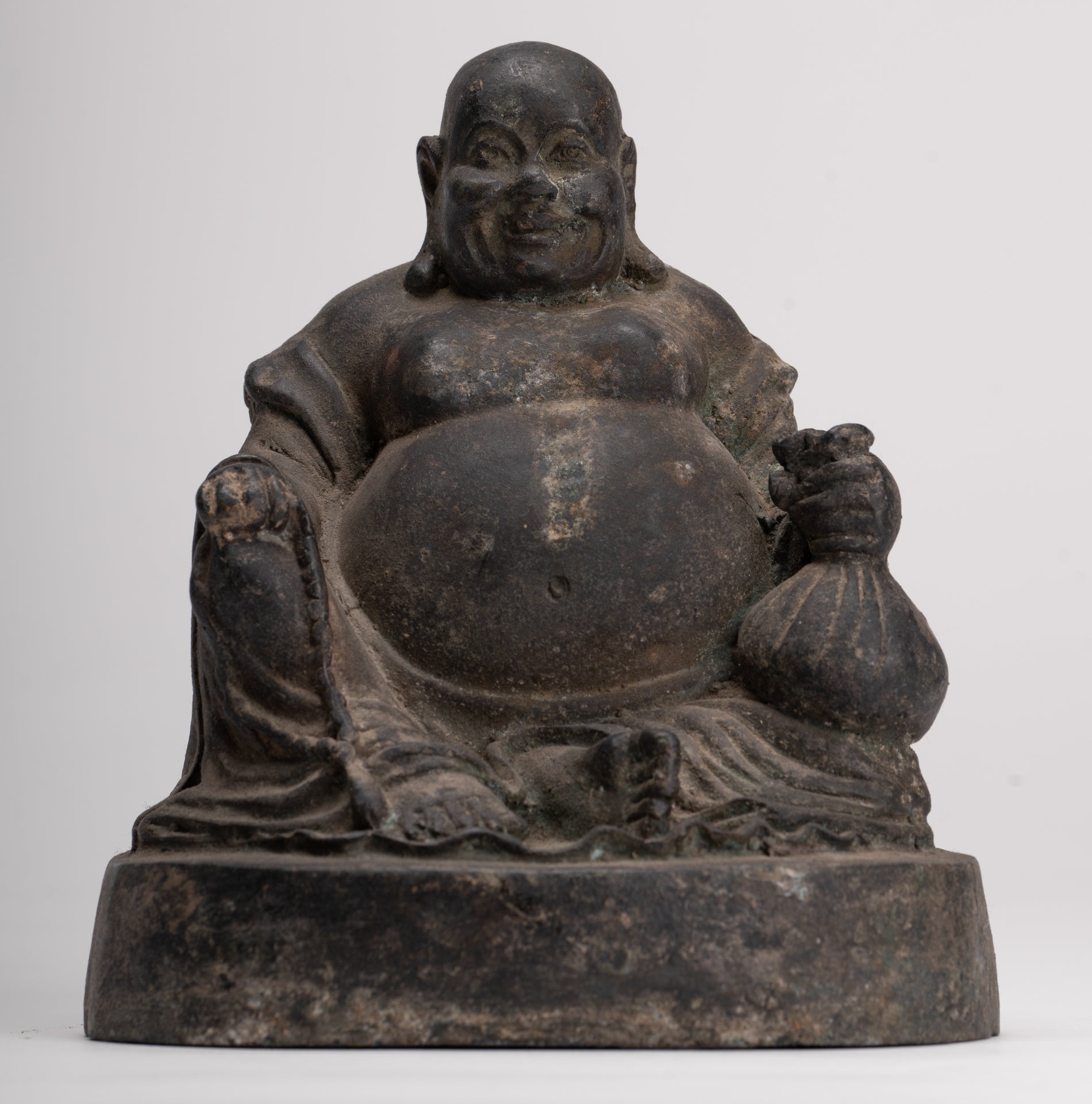 Buddha Statue - Antique Chinese Style Bronze Happy, Fat, Laughing Buddha Budai Statue - 16cm/6"