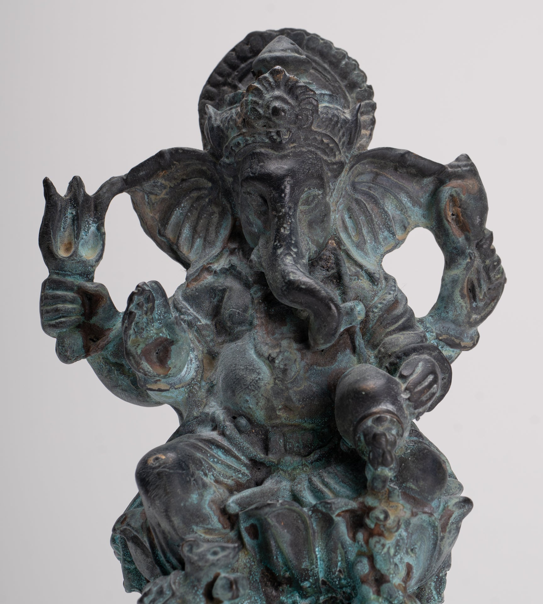 Ganesha Statue - Antique Thai Style Bronze Seated 4-Arm Vara Ganapati Statue - 15.5cm/6"