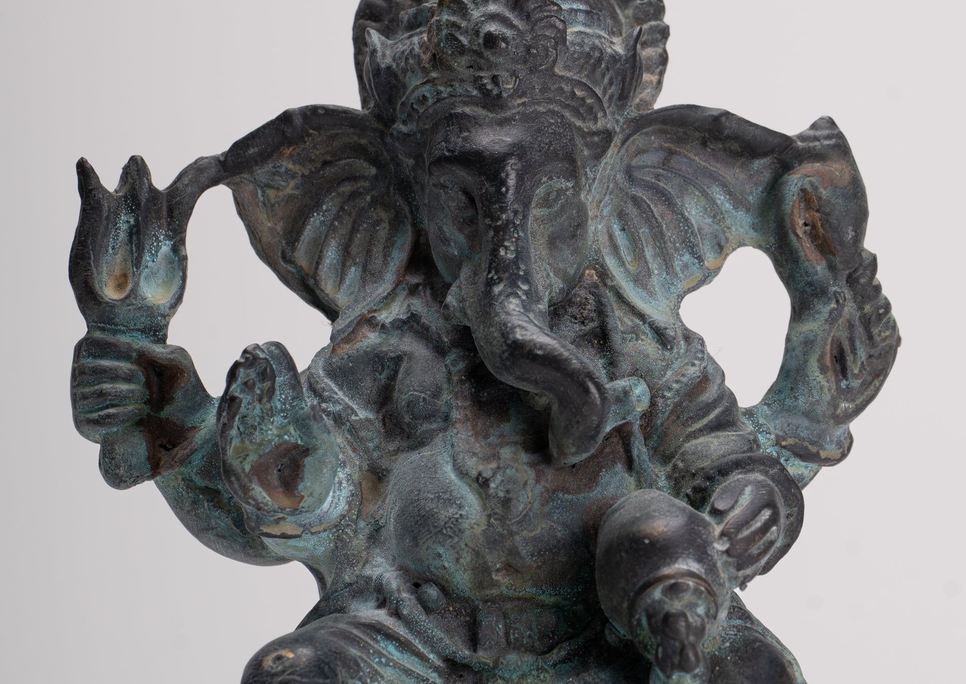 Ganesha Statue - Antique Thai Style Bronze Seated 4-Arm Vara Ganapati Statue - 15.5cm/6"