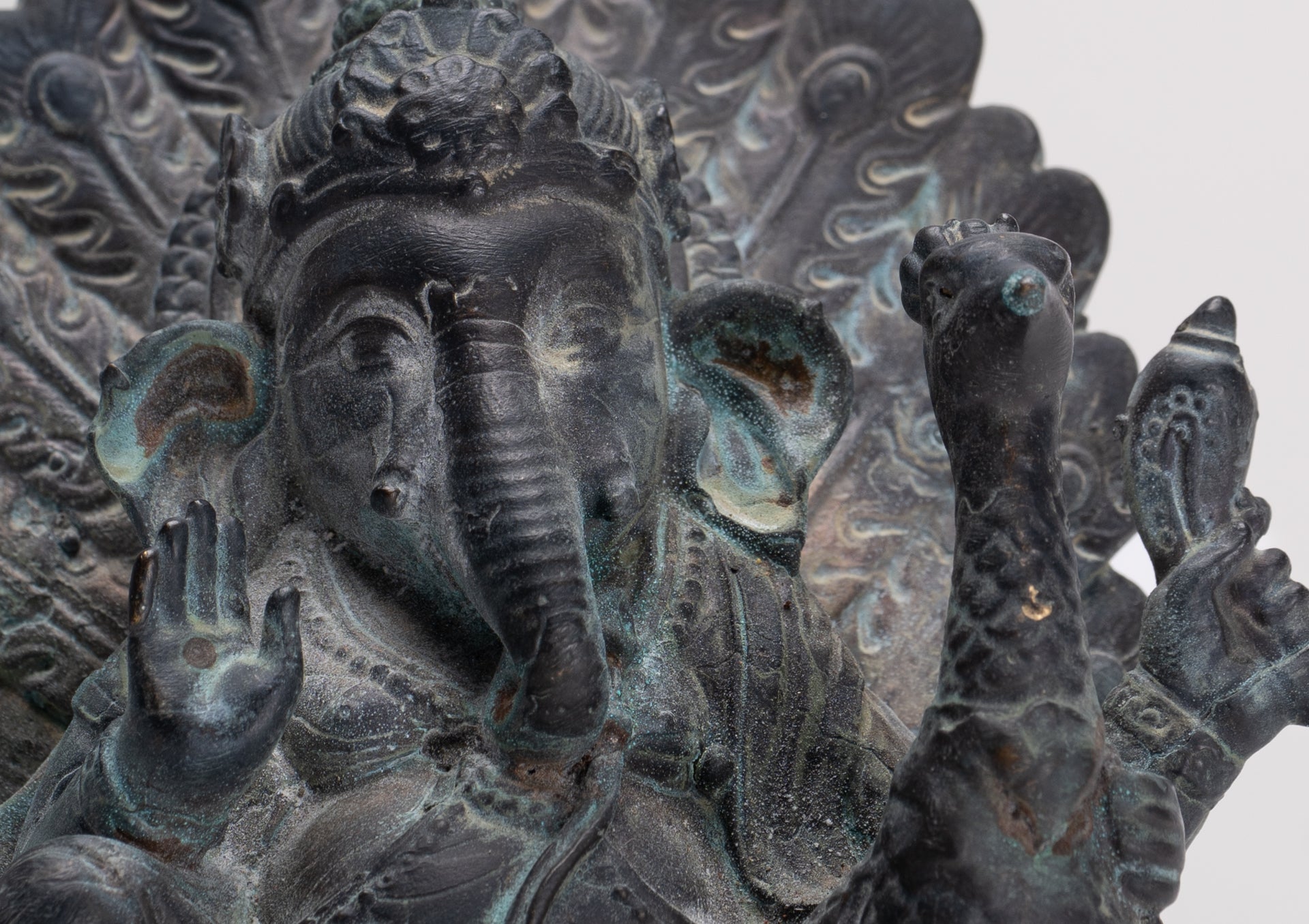 Ganesh - Antique Thai Style Bronze Seated Mayuresha Ganapathy Statue  - 13cm/5"