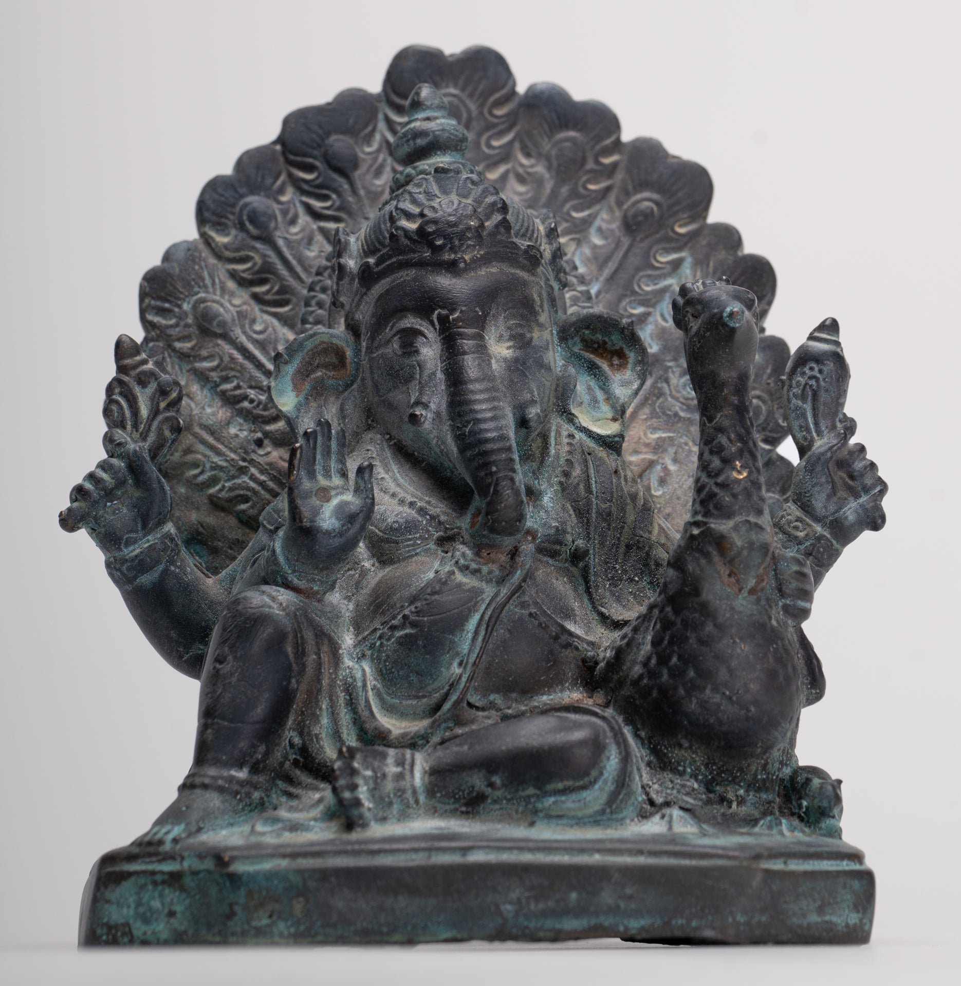 Ganesh - Antique Thai Style Bronze Seated Mayuresha Ganapathy Statue  - 13cm/5"