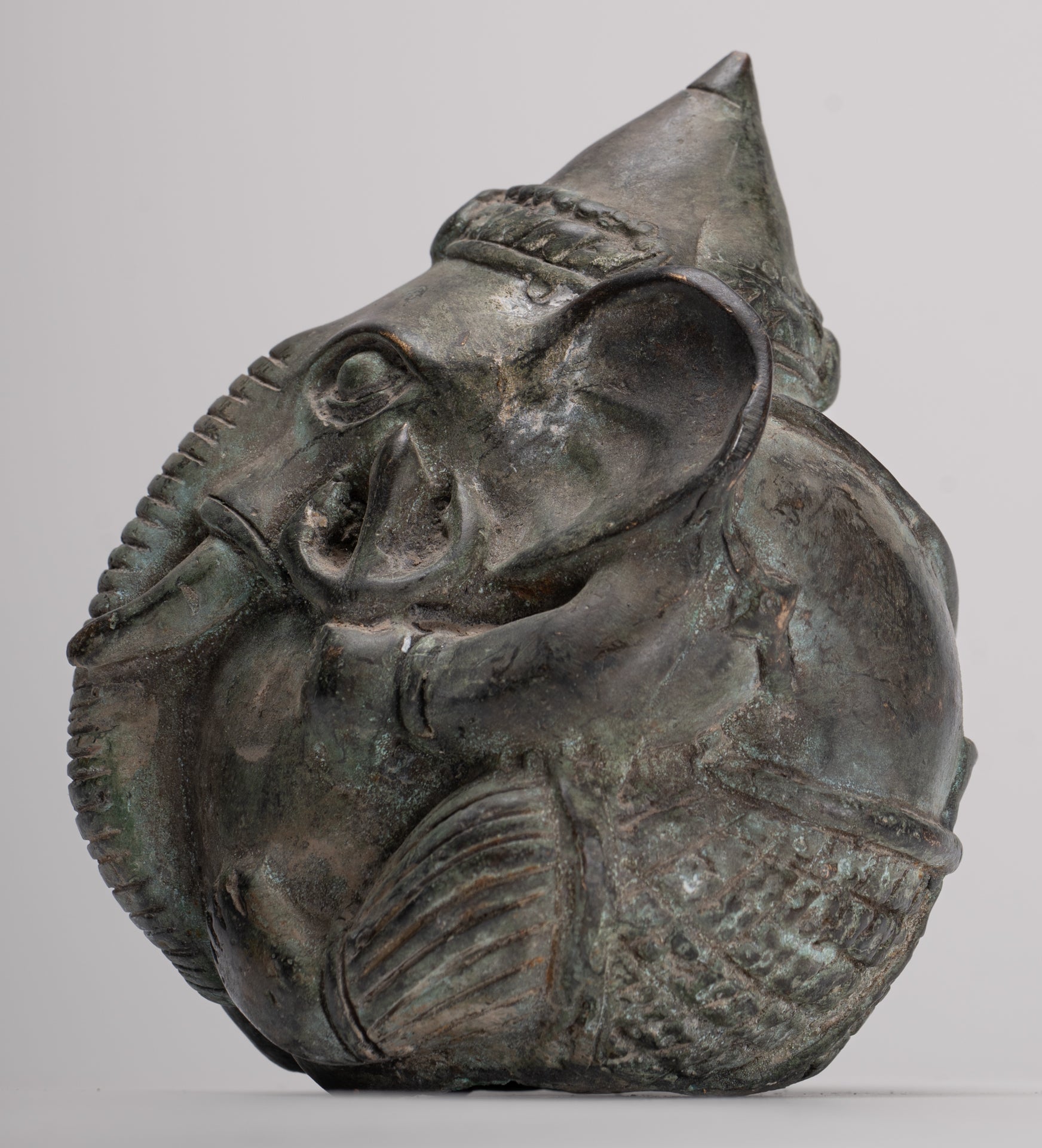 Antique Khmer Style Bronze Seated Round Elephant Statue - 12cm/5" Tall