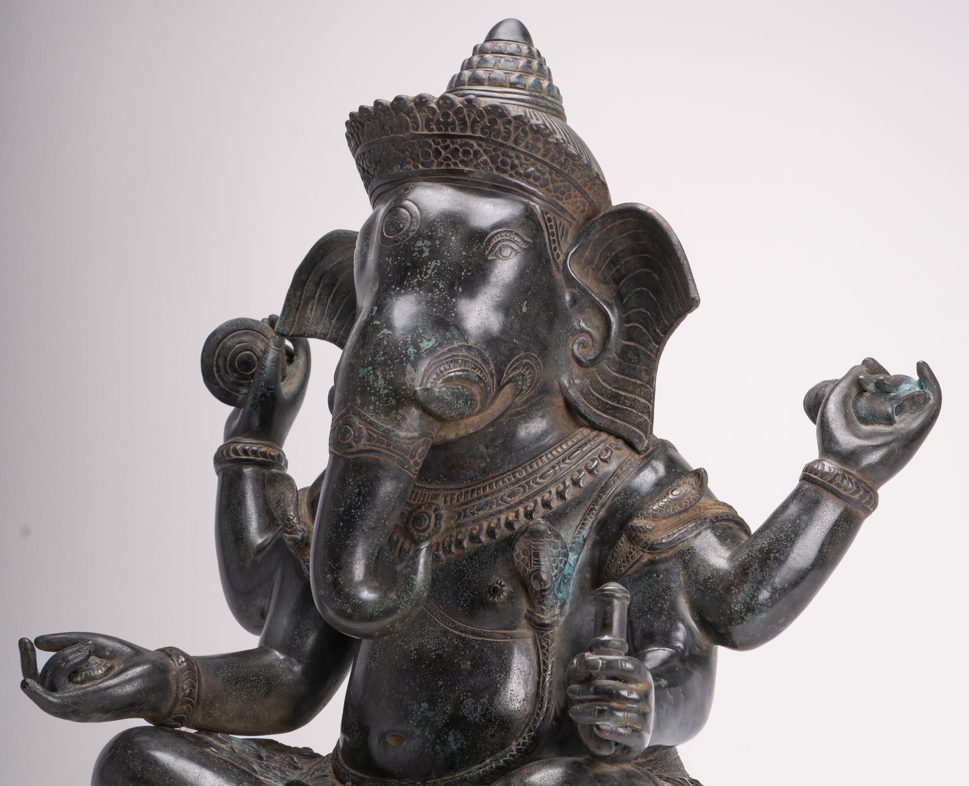 Large Ganesha Statue - Antique Khmer Style Angkor Wat Bronze Seated Four Arm Ganesh Statue - 56cm/22"