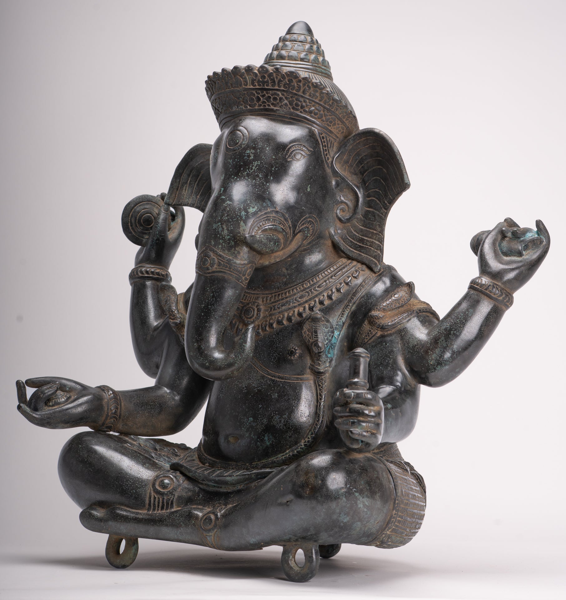 Large Ganesha Statue - Antique Khmer Style Angkor Wat Bronze Seated Four Arm Ganesh Statue - 56cm/22"