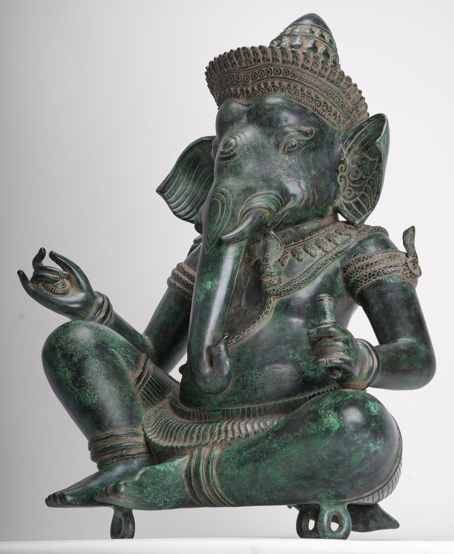 Ganesha Statue - Antique Khmer Style Bronze Seated Ganesha Statue - 63cm/24"