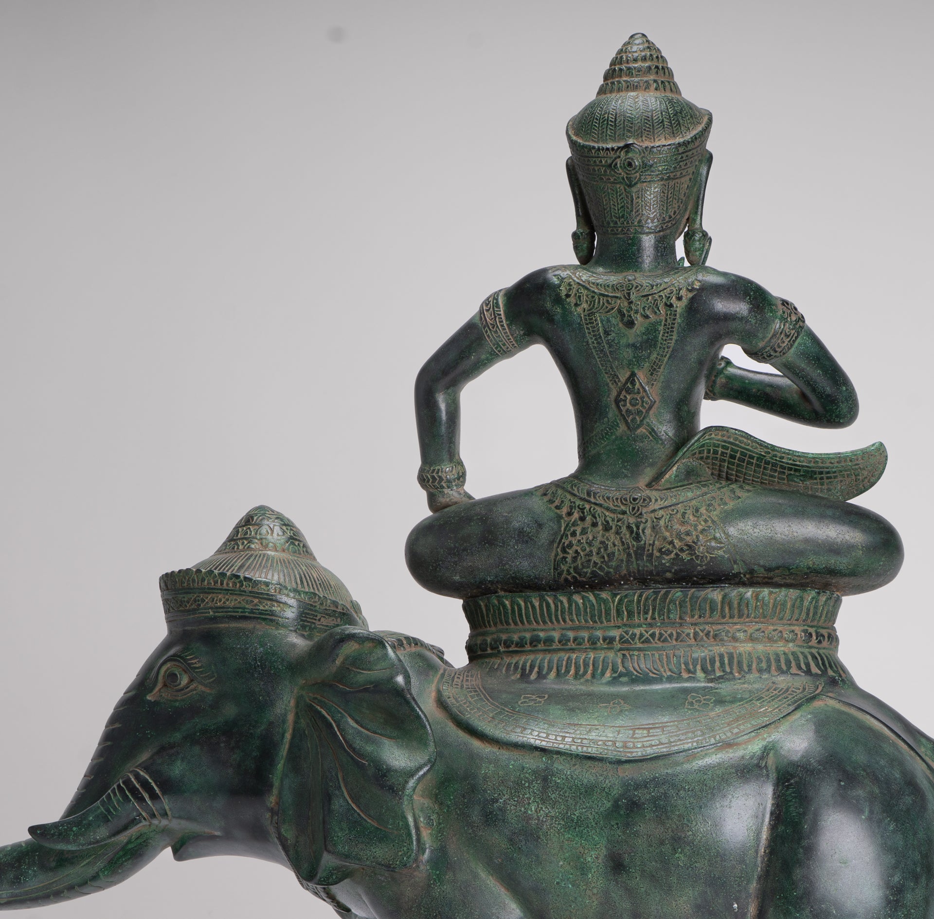 Indra Statue - Antique Khmer Style Bronze Erawan Airavata Statue with Indra - 59cm/24"