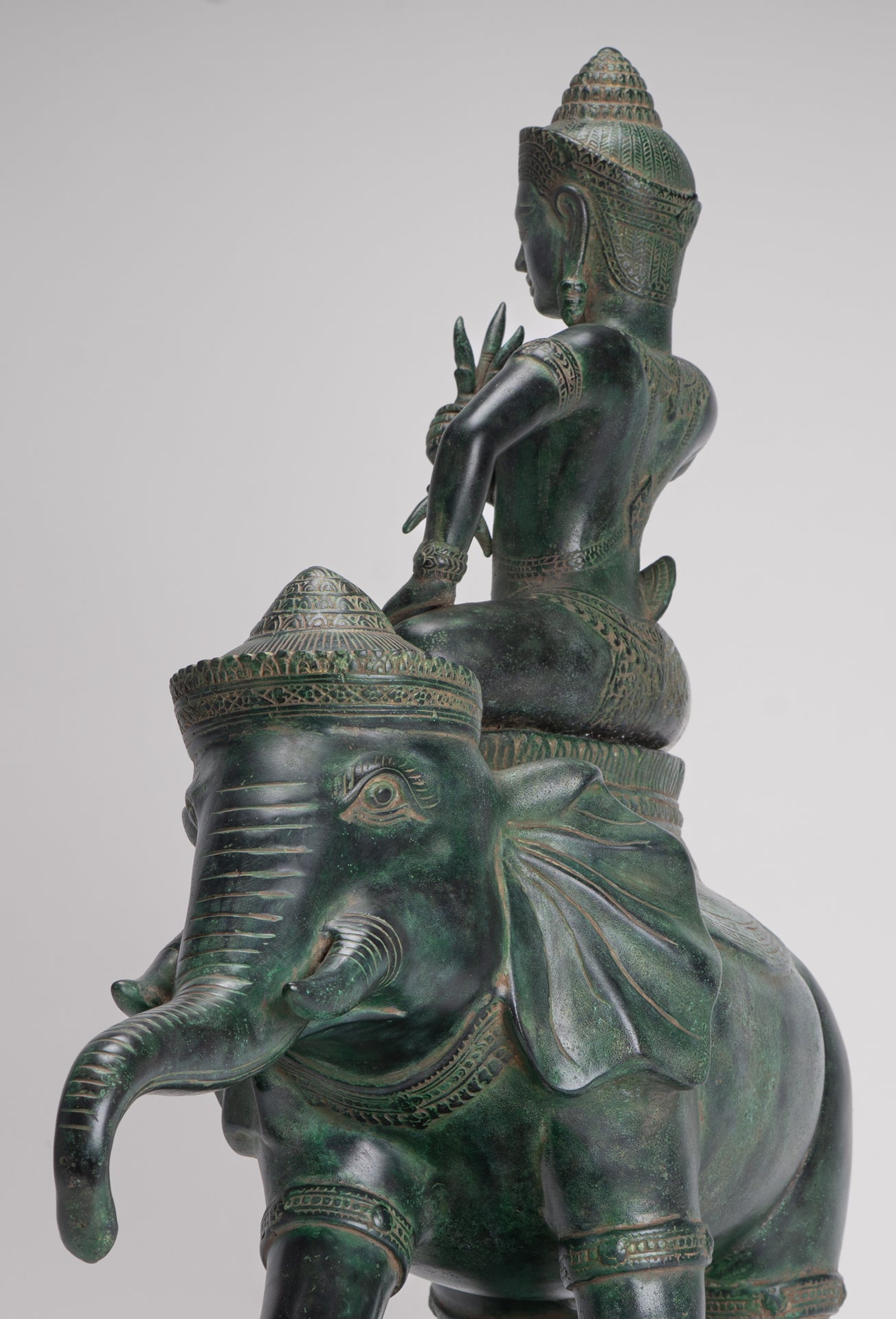 Indra Statue - Antique Khmer Style Bronze Erawan Airavata Statue with Indra - 59cm/24"