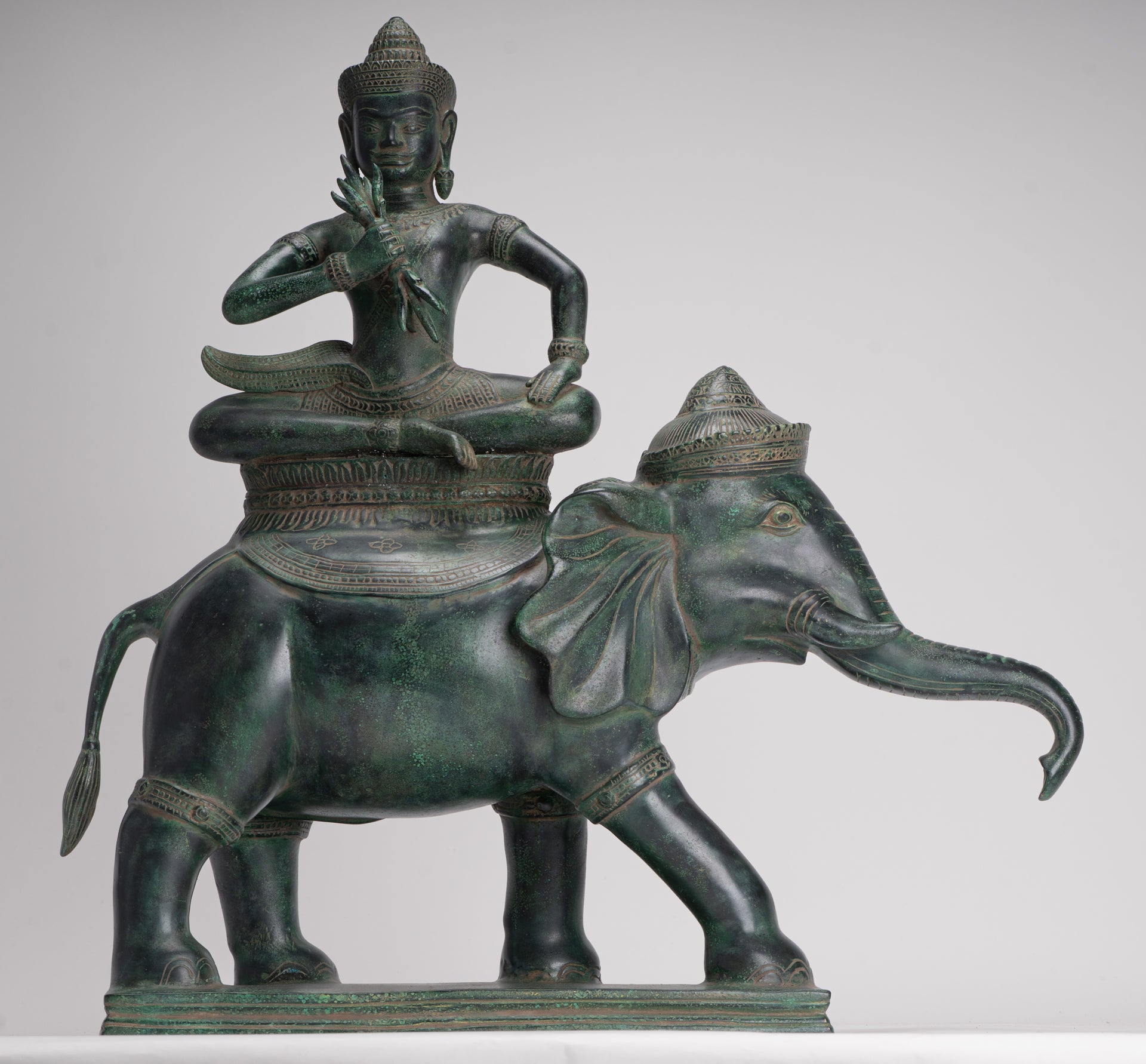 Indra Statue - Antique Khmer Style Bronze Erawan Airavata Statue with Indra - 59cm/24"