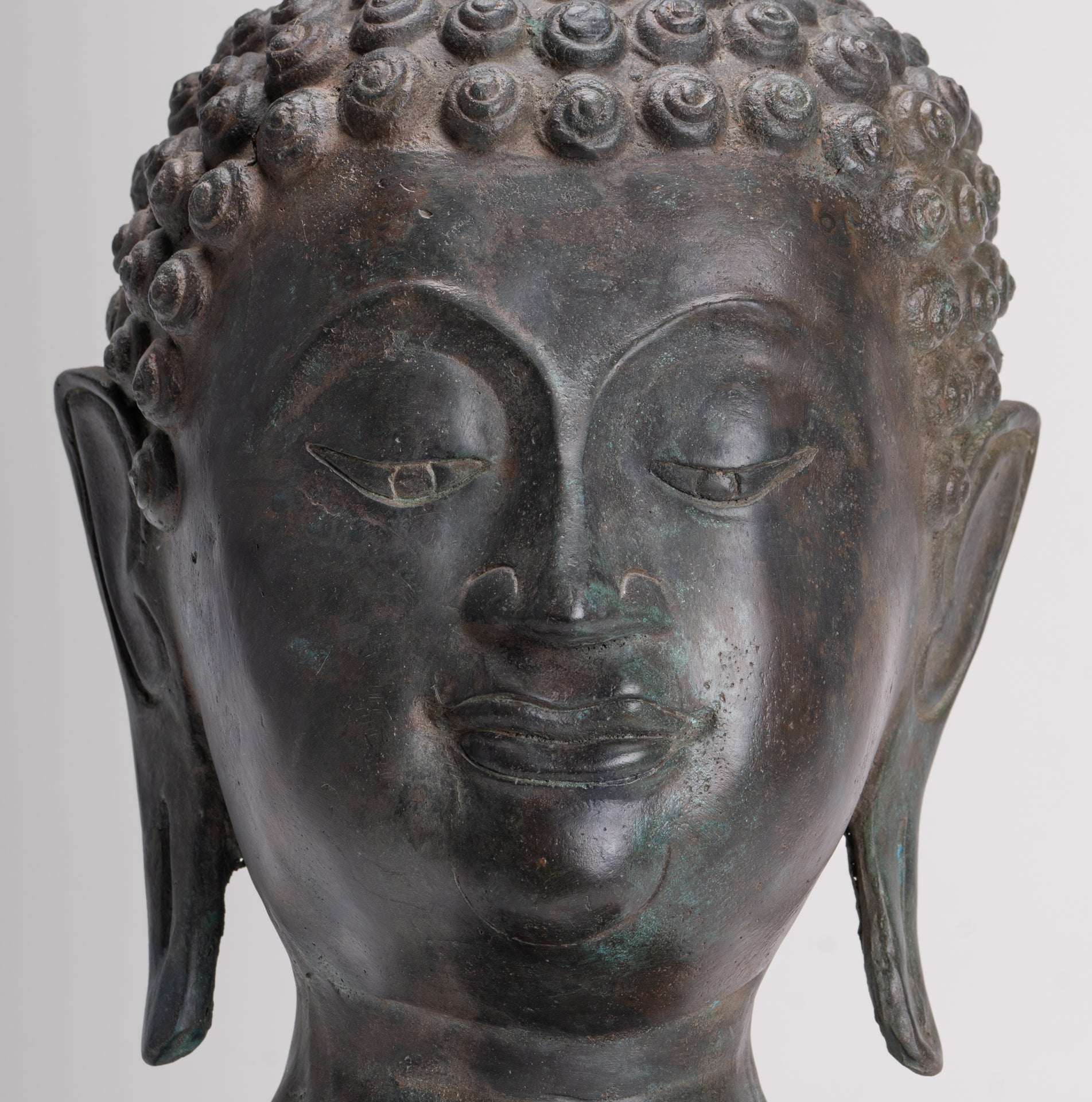 Buddha Head - Antique Thai Style Chiang Saen Mounted Bronze Buddha Head - 45cm/18"