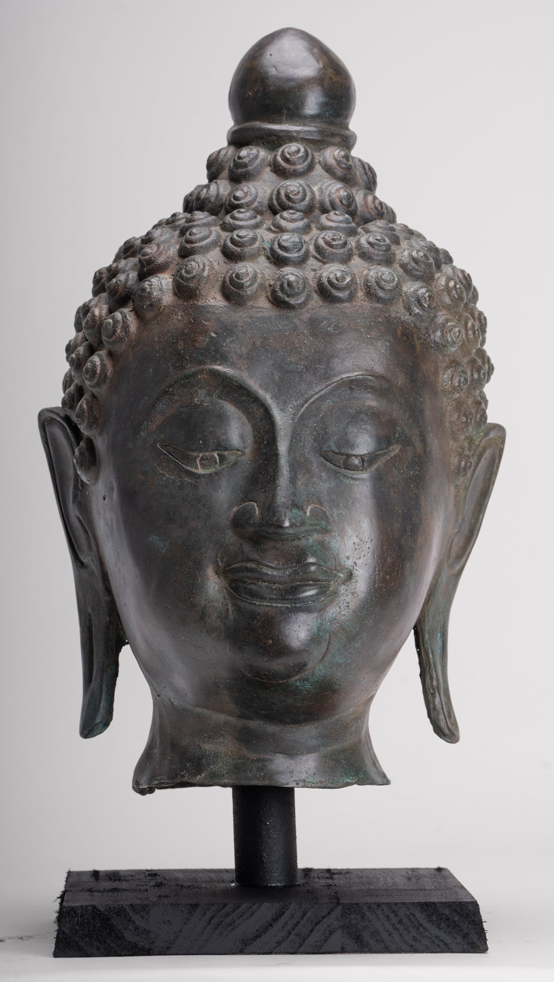 Buddha Head - Antique Thai Style Chiang Saen Mounted Bronze Buddha Head - 45cm/18"