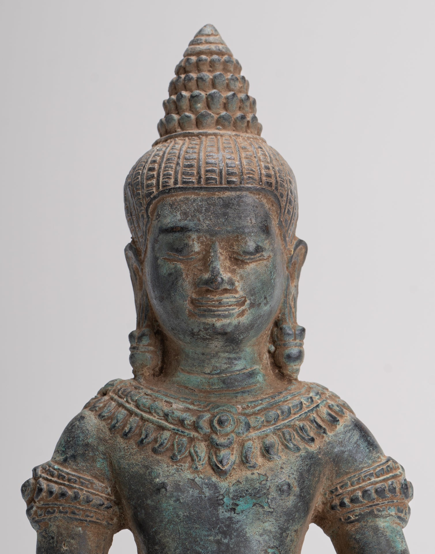 Buddha Statue - Antique Khmer Style Bronze Seated Meditation Bayon Buddha Statue - 22cm/9"