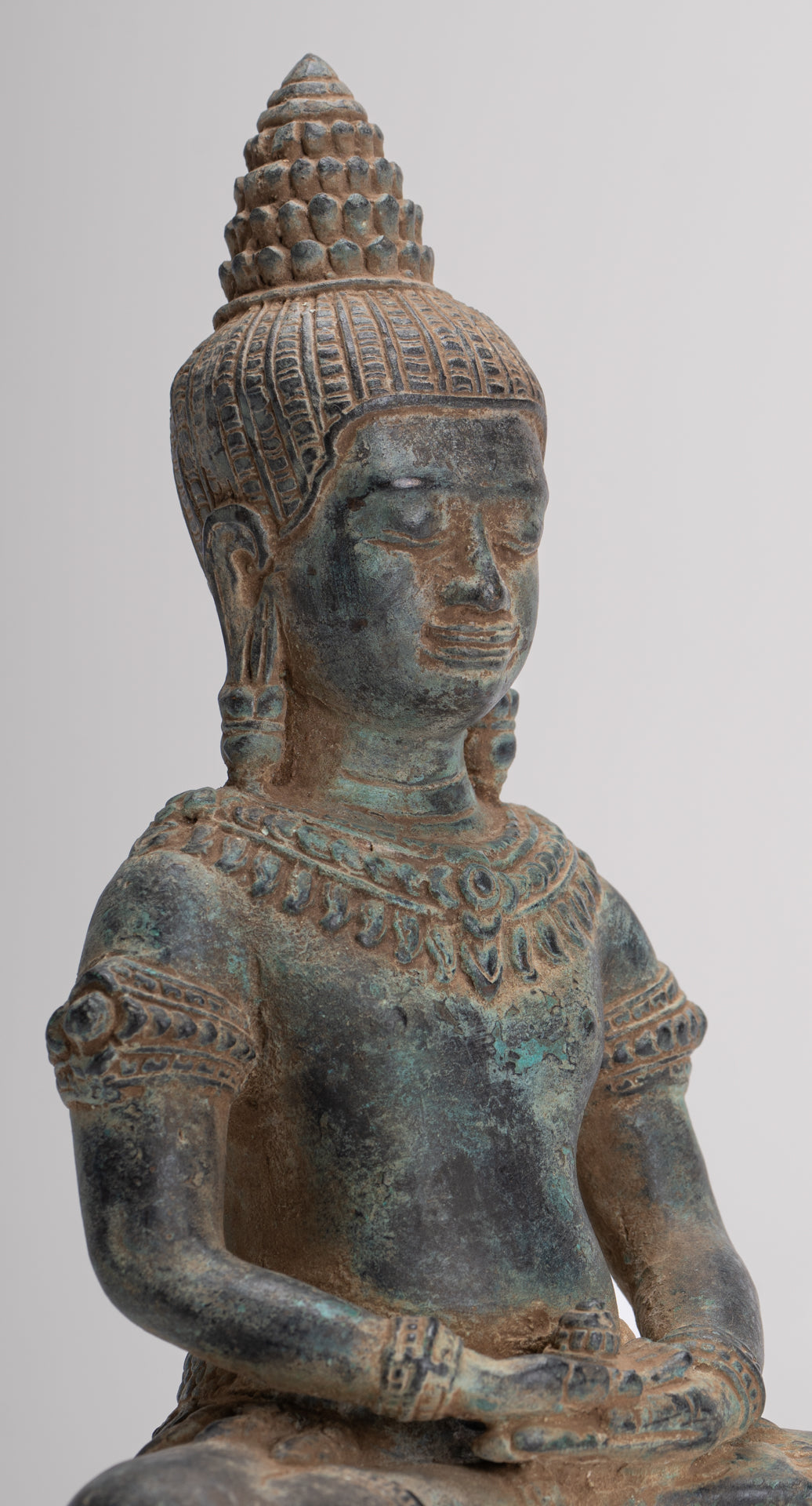 Buddha Statue - Antique Khmer Style Bronze Seated Meditation Bayon Buddha Statue - 22cm/9"